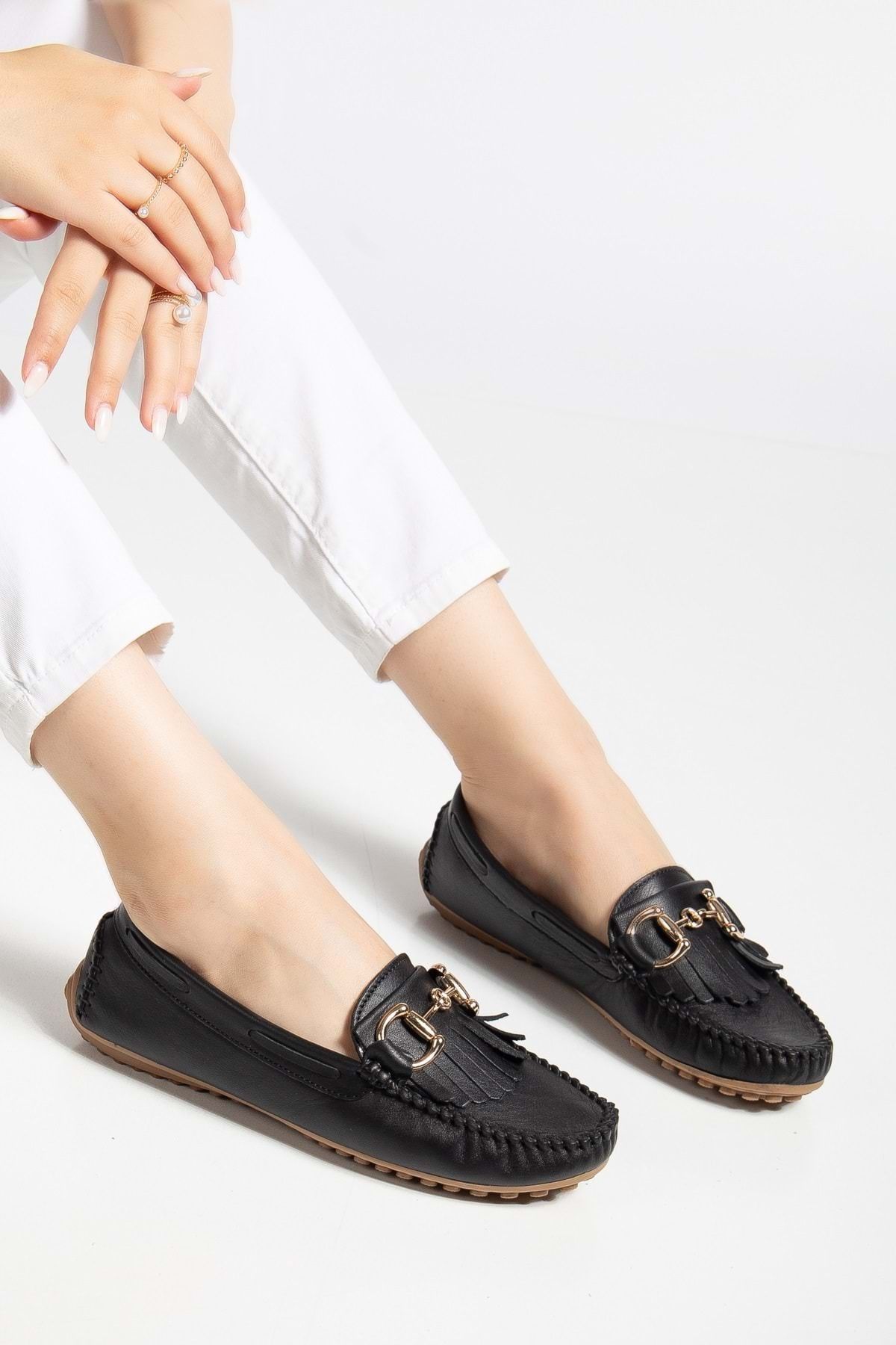 ANALİN SHOES Kadın Hakiki Deri Tokalı Klasik Loafer - Siyah