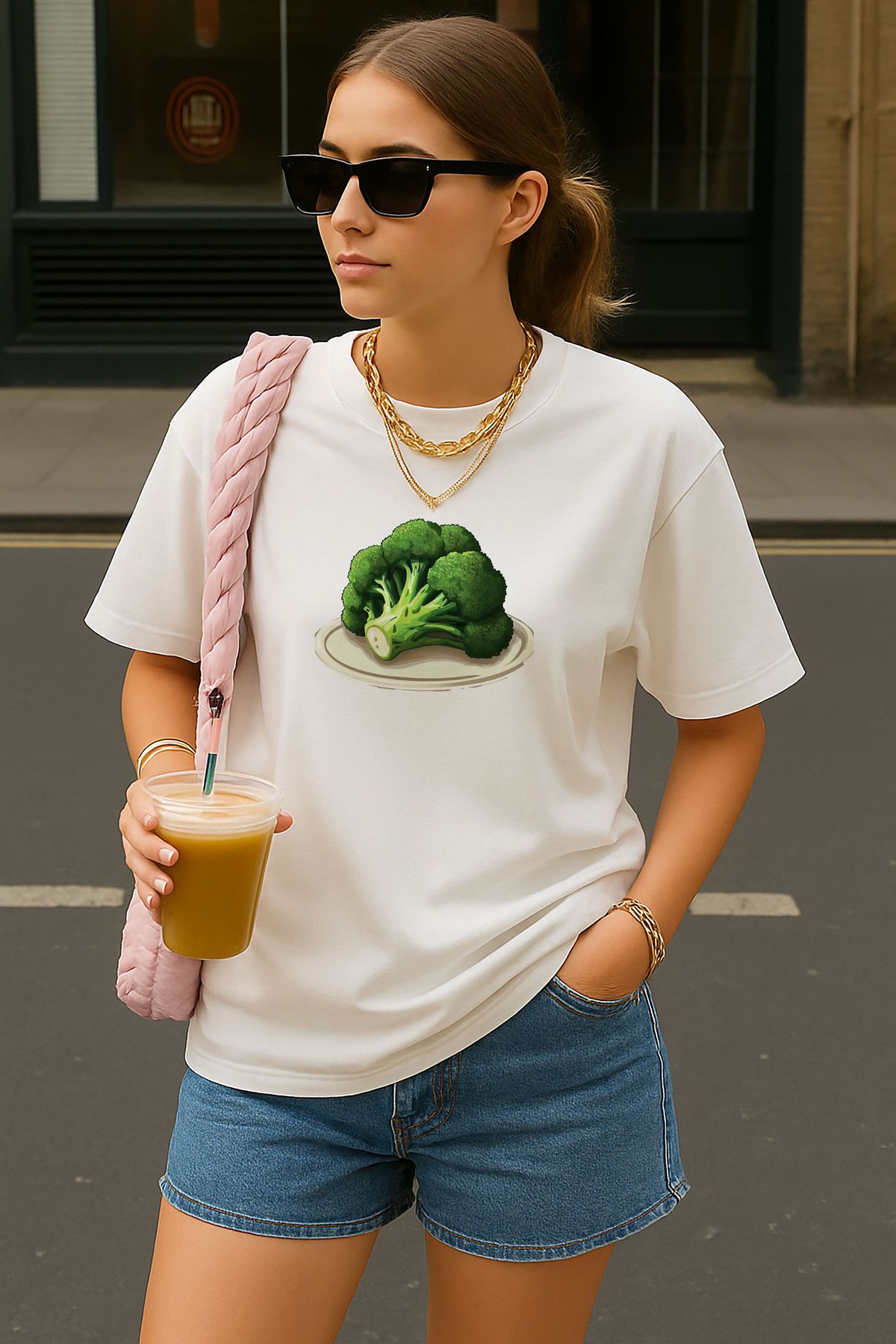 sielta Brokoli Baskılı Oversize Pamuklu Kadın Beyaz Tişört T-shirt