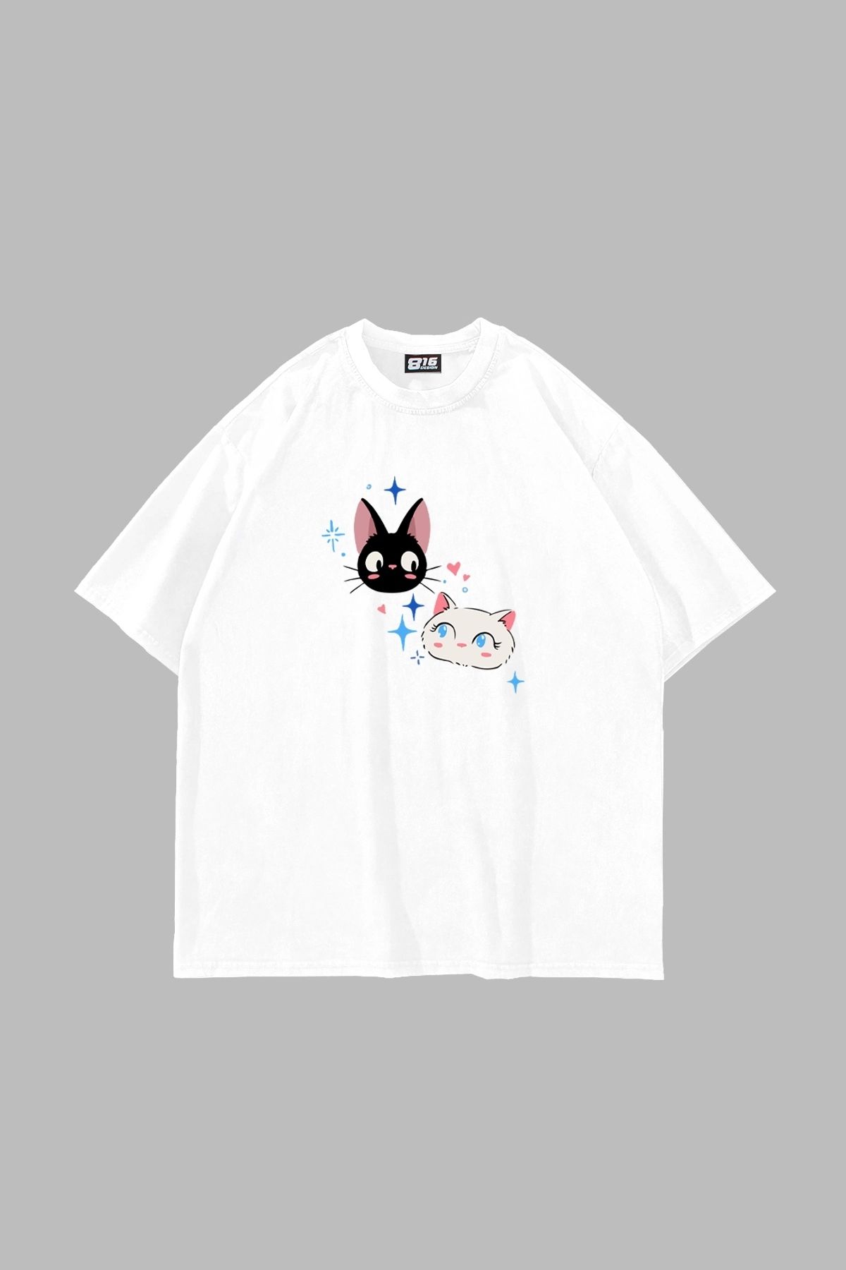 Sekizbiraltı Jiji And Lily Baskılı Oversize Unisex Beyaz Tshirt