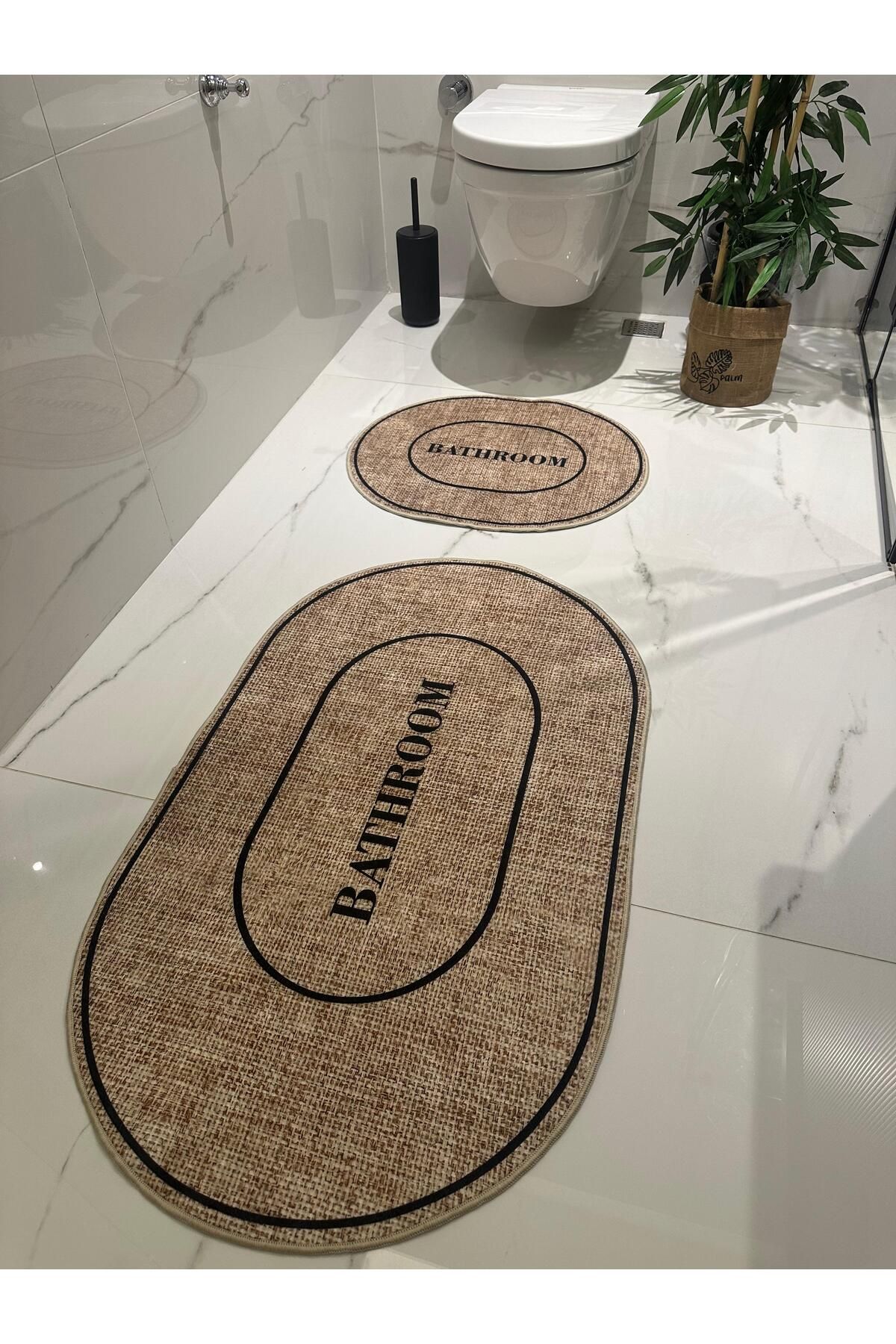 d'niss home touch of nature in your home Bathroom Yazılı Banyo Paspası 2 Parça Hasır Zemin Siyah 60*100-50*60
