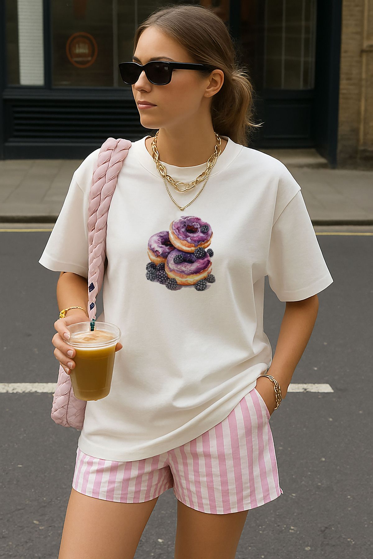 sielta Yaban Mersini Donut Baskılı Oversize Pamuklu Kadın Tişört T-shirt