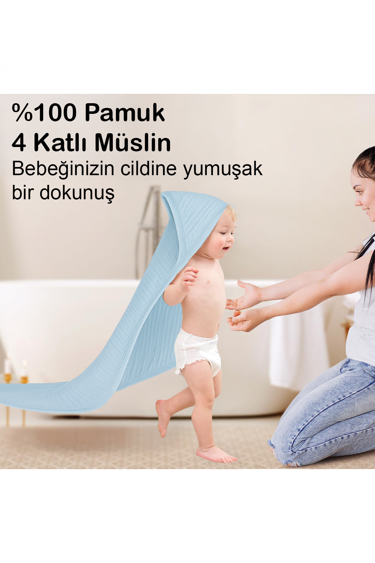 Moky Design Erkek Bebek Hediyeleri, Mavi Müslin Yenidoğan Bornozu %100 Pamuk 4 Katlı Kapüşonlu Banyo Havlusu fotoğrafı 2 (önizleme)