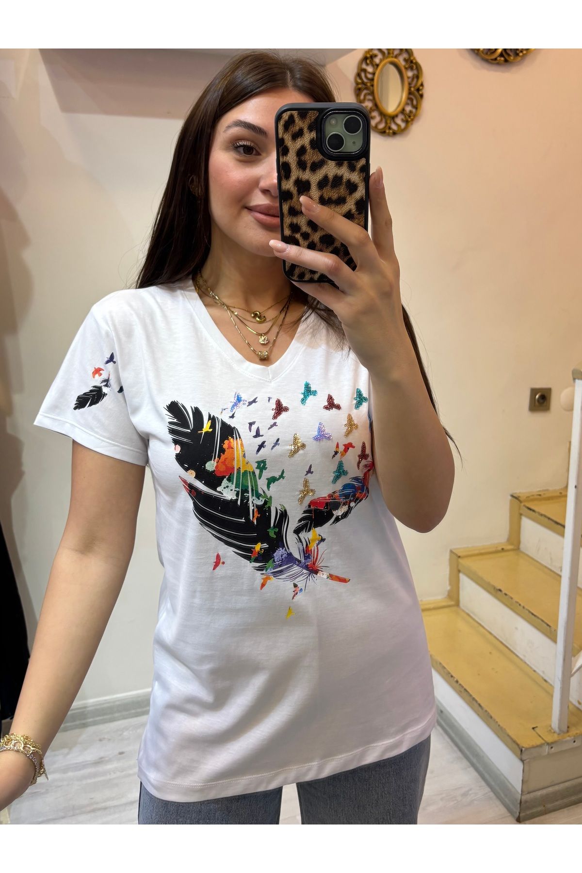 ROSSA Kuş Desenli V Yaka Tshirt