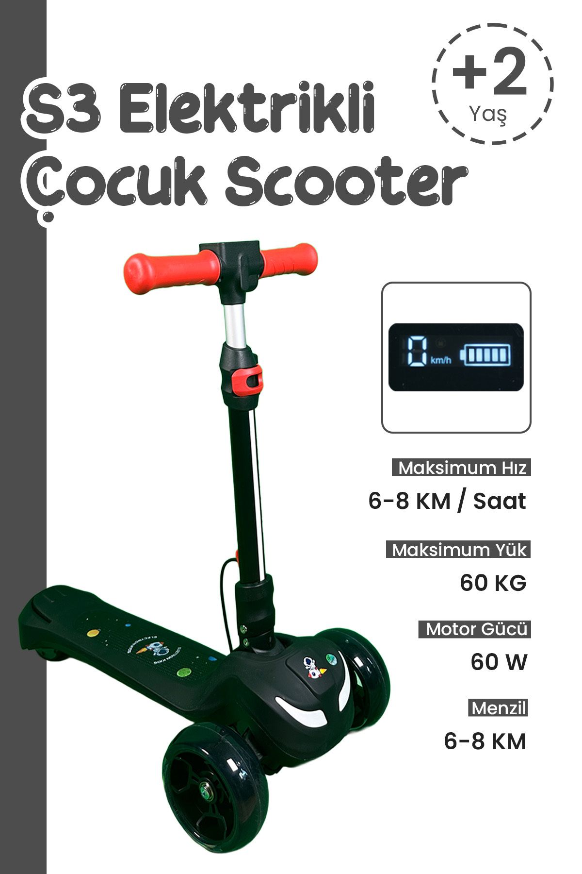 Electron Led Işıklı Hoparlörlü 3 Tekerlekli Yükseklik Ayarlı Elektrikli Scooter - 60W