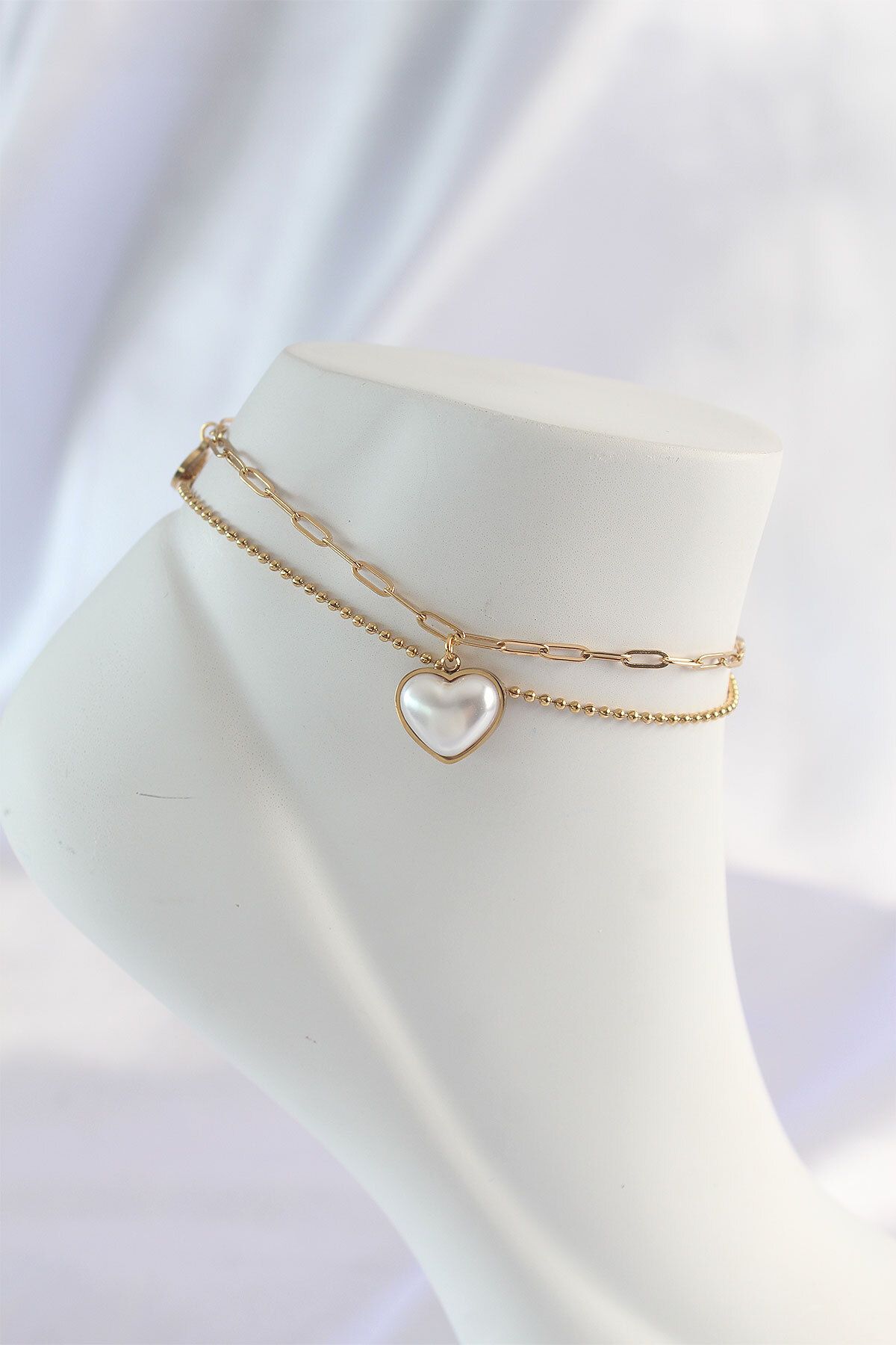 ÖYKÜ VE YİĞİT 316L Çelik Gold Renk Beyaz Kalpli 2li Halhal - TJ-HH1584