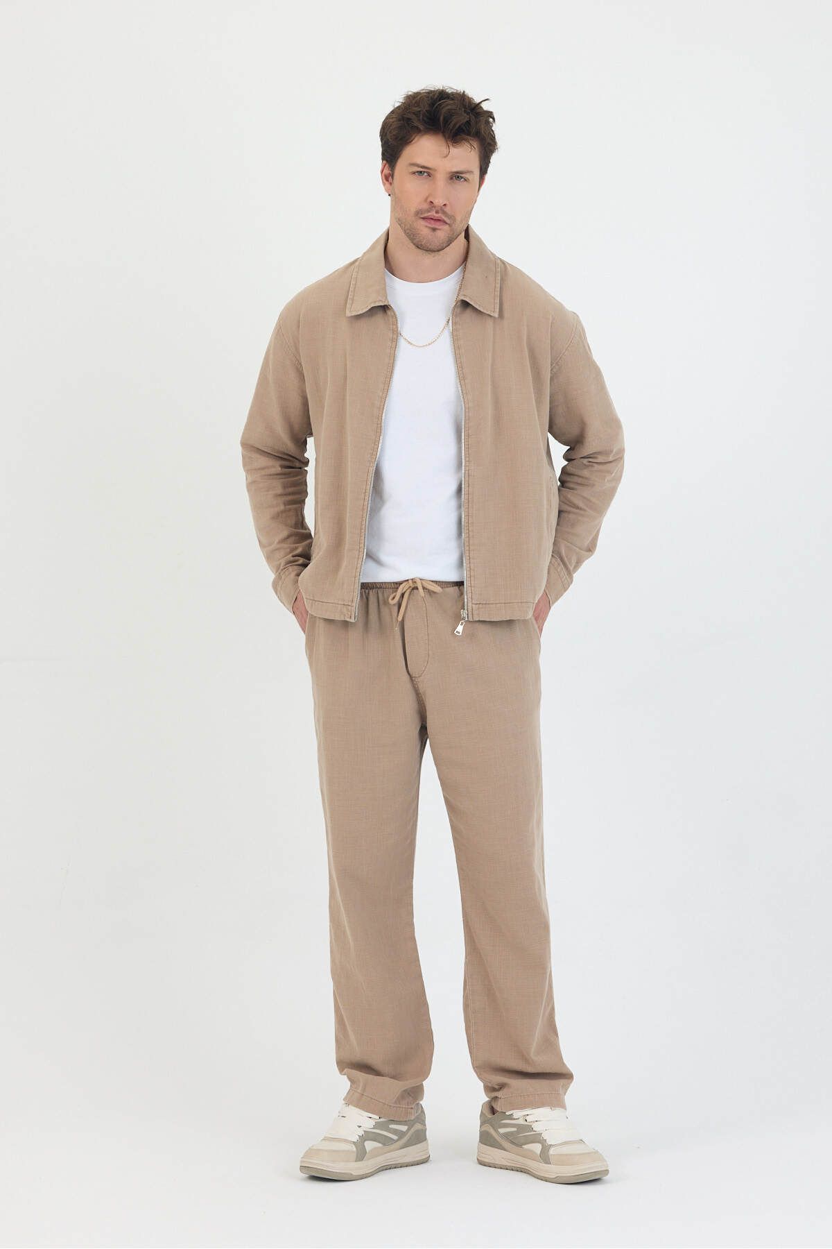 Cosplay Fermuarlı Ceket Pantalon İkili Takım Erkek Relax Fit Yıkamalı