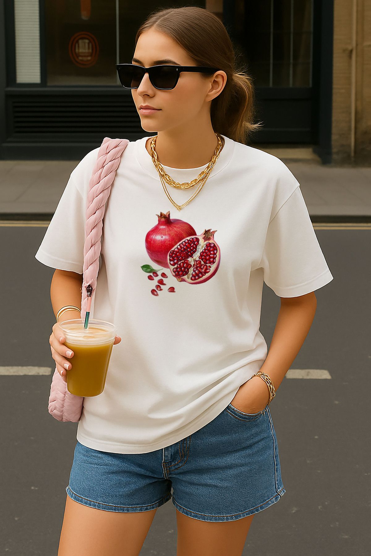 sielta Nar Baskılı Oversize Pamuklu Kadın Beyaz Tişört T-shirt