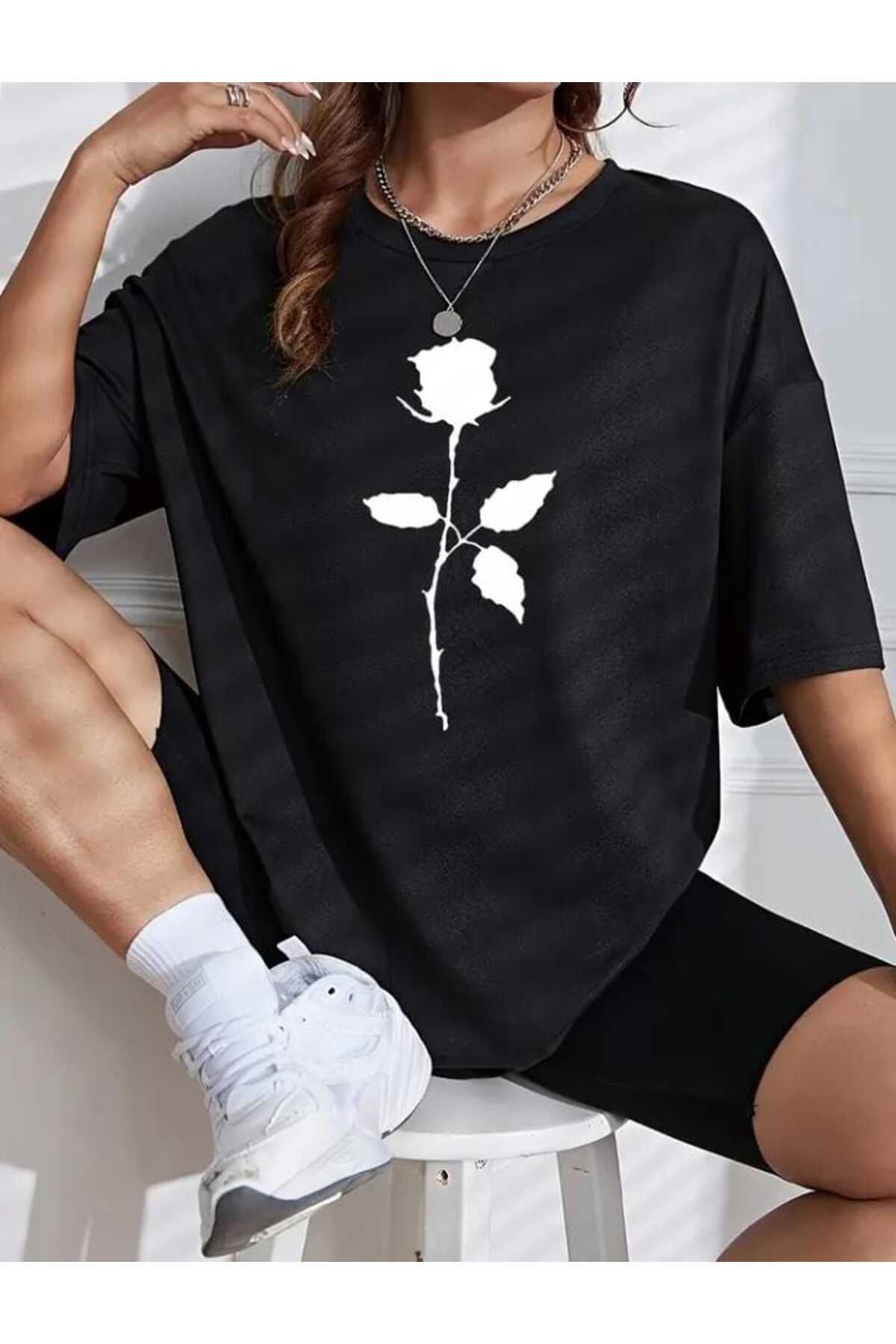 TekTarzz Unisex Gül Baskı Tasarımlı Trend Tshirt
