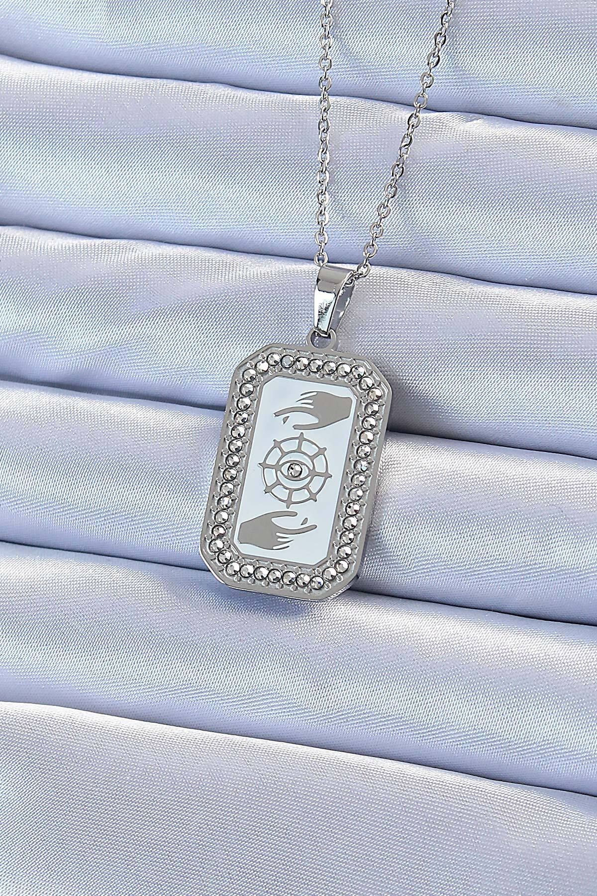 ÖYKÜ VE YİĞİT 316L Çelik Zincir Gümüş Renk Mineli Zirkon Taşlı Göz Figür Tarot Kolye - TJ-BKO9216