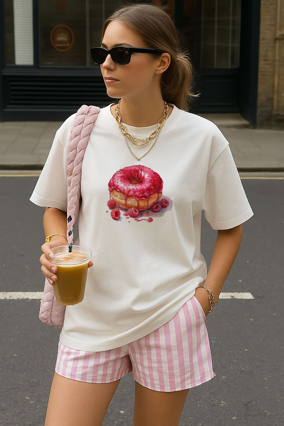 sielta Ahududu Donut Baskılı Oversize Pamuklu Kadın Beyaz Tişört T-shirt
