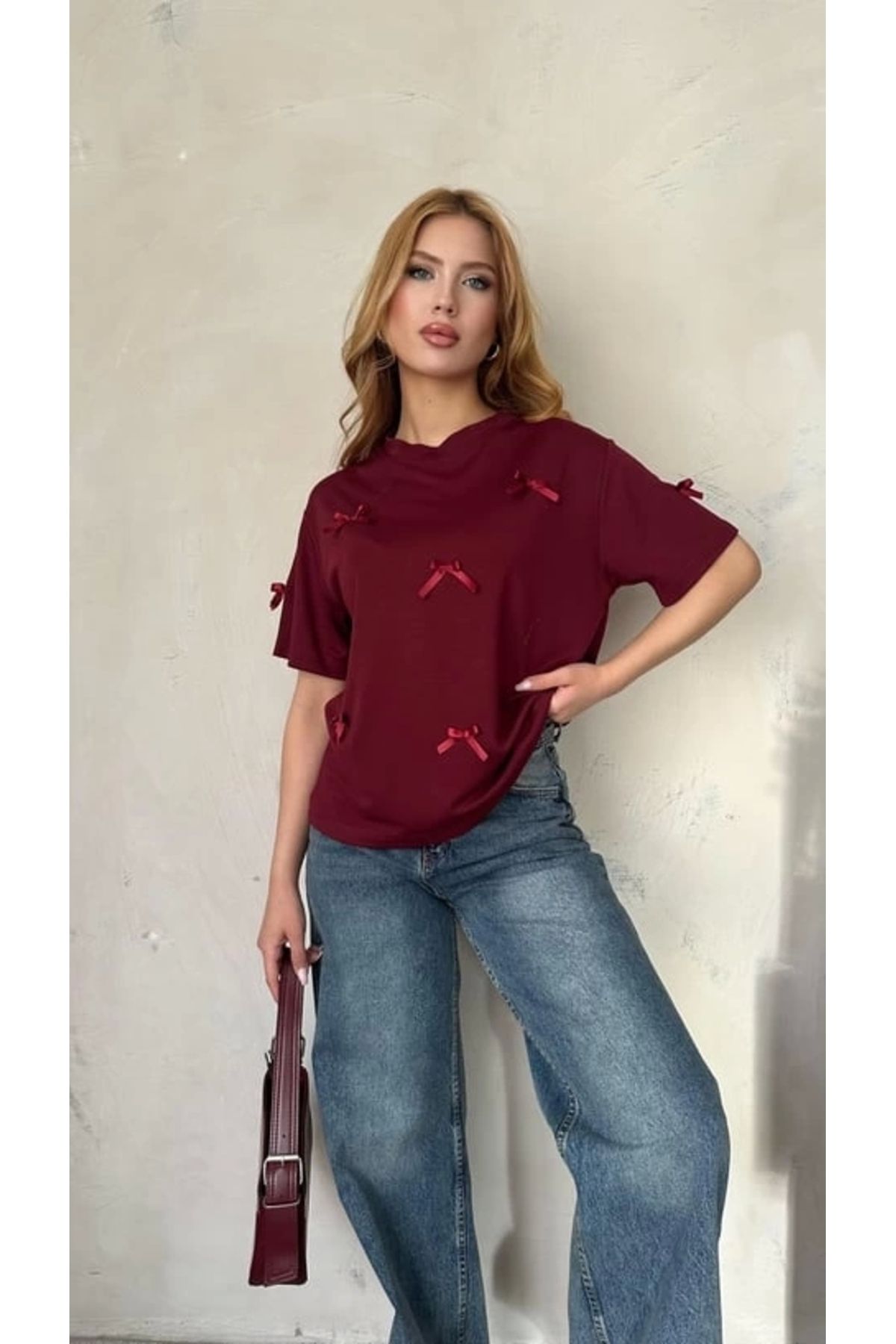 depo tekstil Fiyonklu Bordo T-Shirt