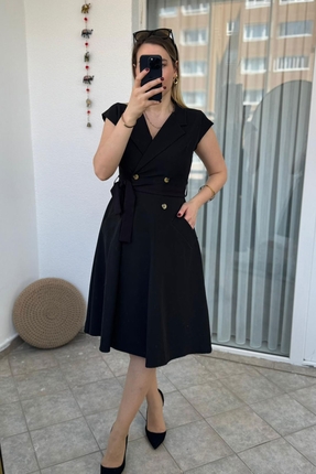 Genel Markalar Ceket Yaka Elbise Kemerli Siyah Kolsuz Elbise