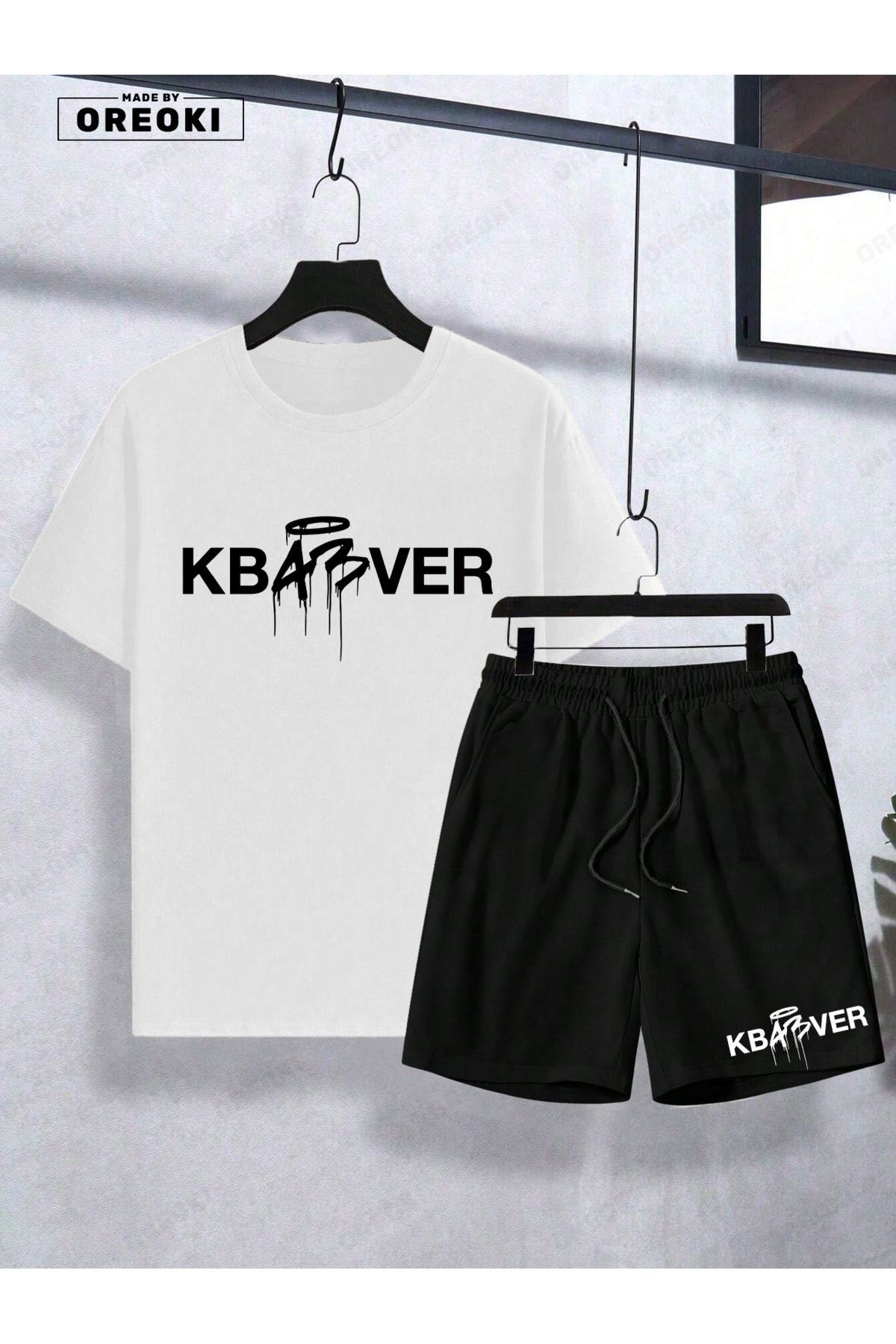 EFFRENATU KBABVER Baskılı Pamuklu Kumaş Erkek Beyaz T-shirt- Siyah Şort Takım