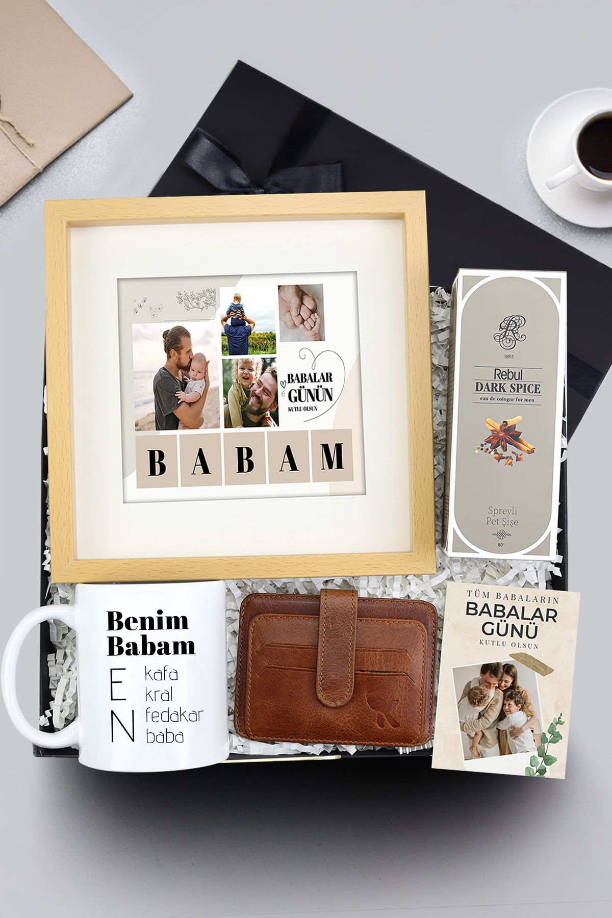 Trendmiya Paspartu Çerçeve & Hakiki Deri Kartlık & Baba Kupa & Kolonya Hediye Seti