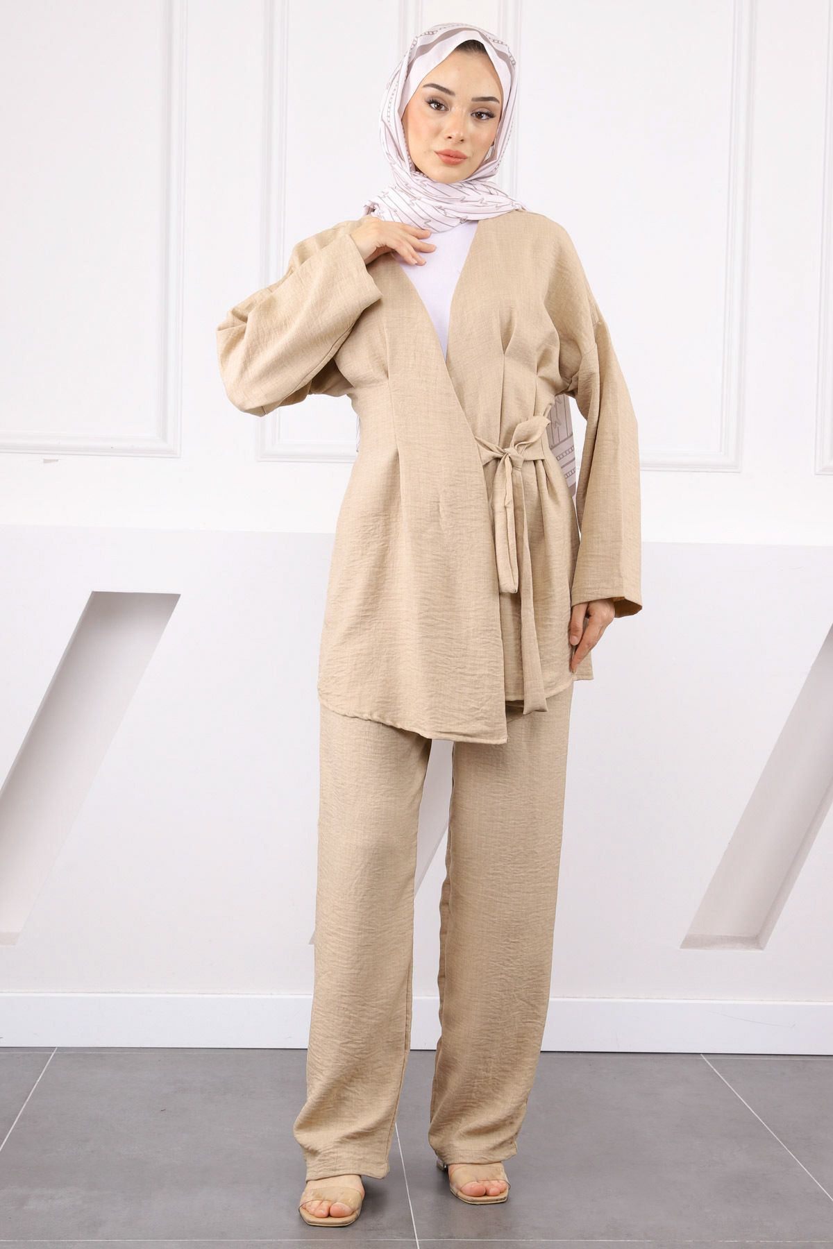 İmajButik Vizon Çapraz Bağlamalı Keten Kimono Pantolon Takım