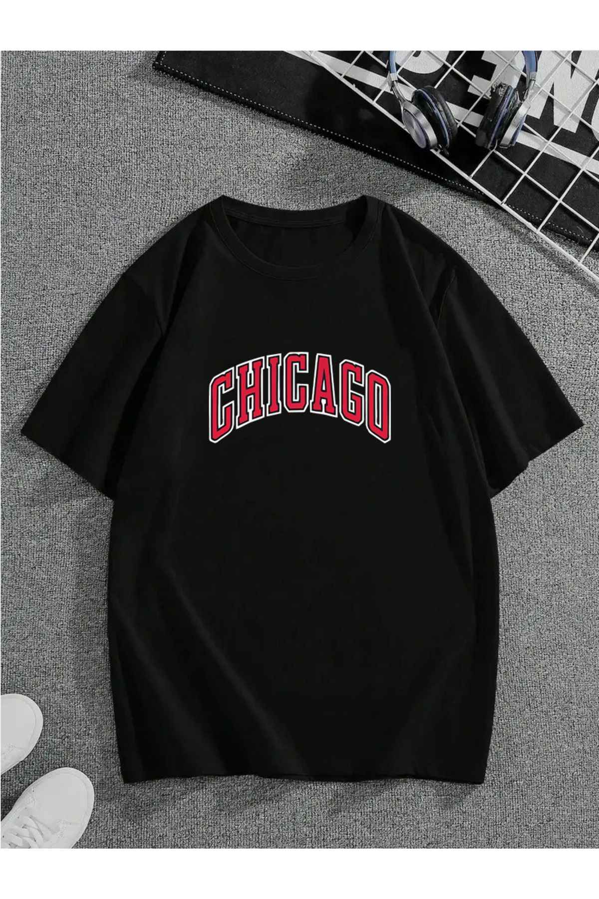MODA Unisex Oversize Kalıp Chicago Baskılı T-Shirt