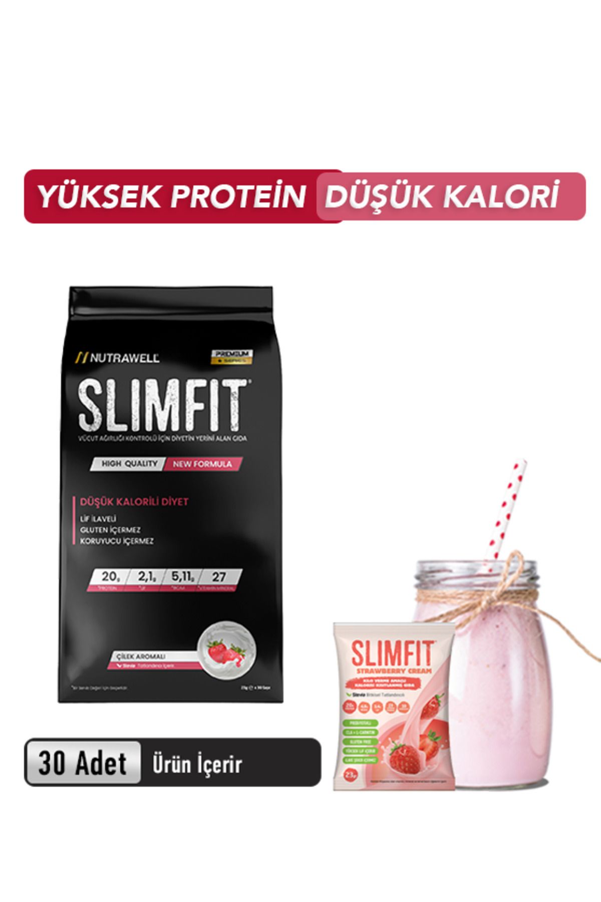 Slimfit Çilek Aromalı Whey Proteinli Öğün Tozu 30 Servis Premium Series Yeni Formül - Proteinli Besin