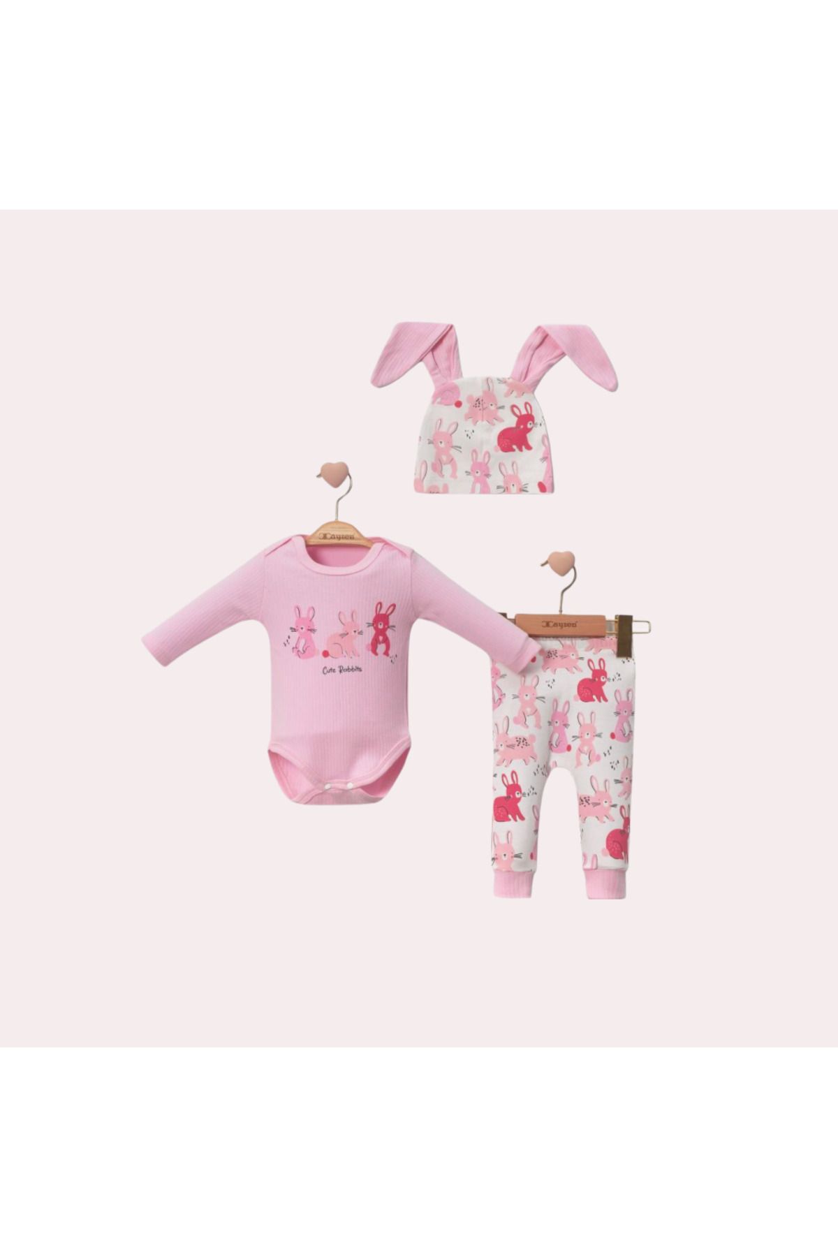 almira anne bebek Kız Bebek Takım | Zıbın & Alt & Şapka | Tavşan Desenli | Pembe | 3 - 18 Ay