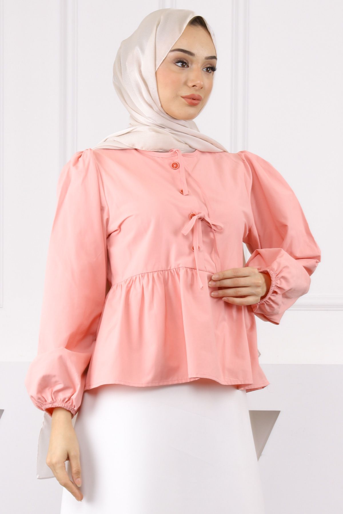 İmajButik Pudra Kol Lastikli Poplin Gömlek