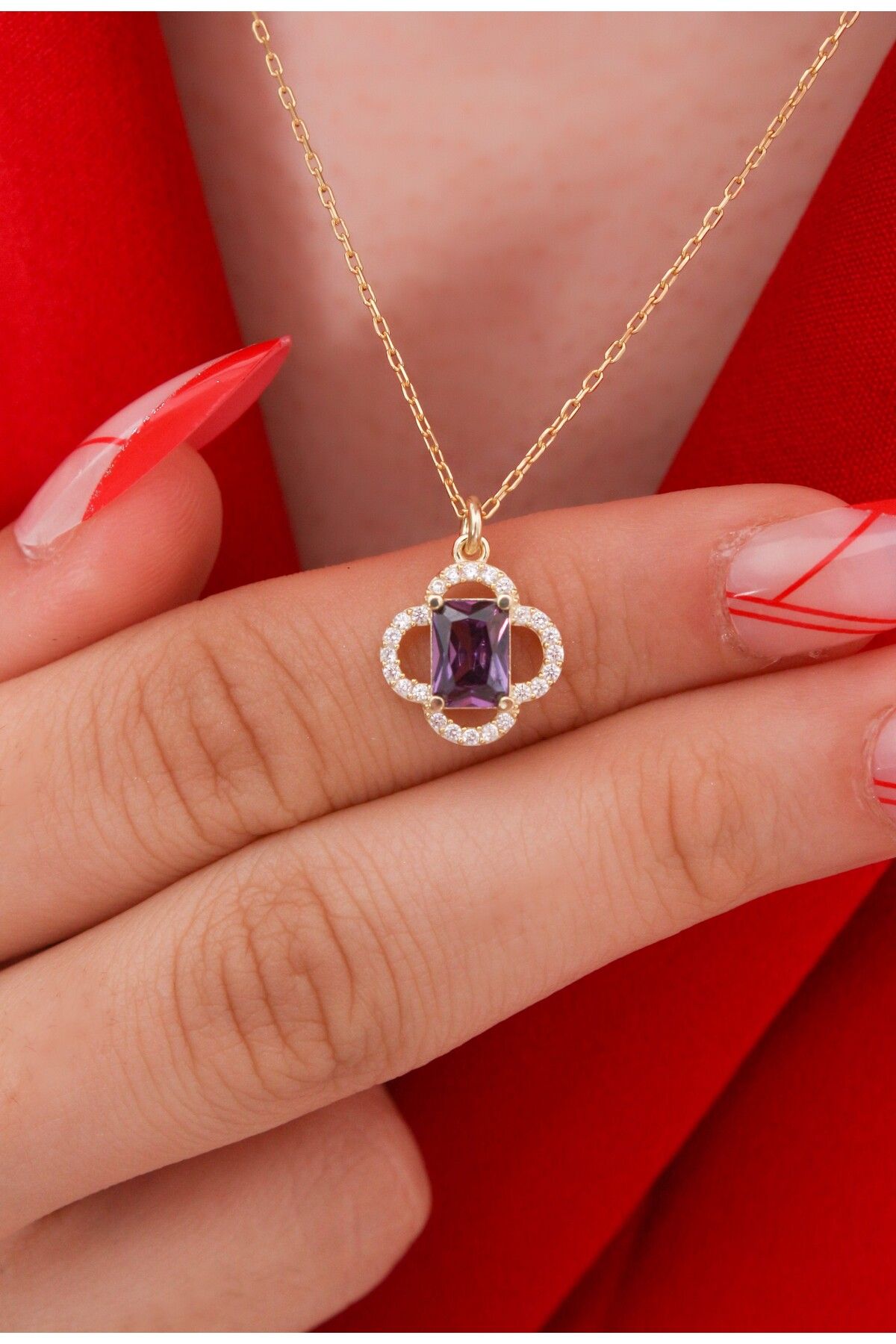 LİNOVE JEWELLERY Ametist Baget Kolye, 925 Ayar Gümüş Kolye, Yonca Ametist Kolye, Mor Gümüş Kolye