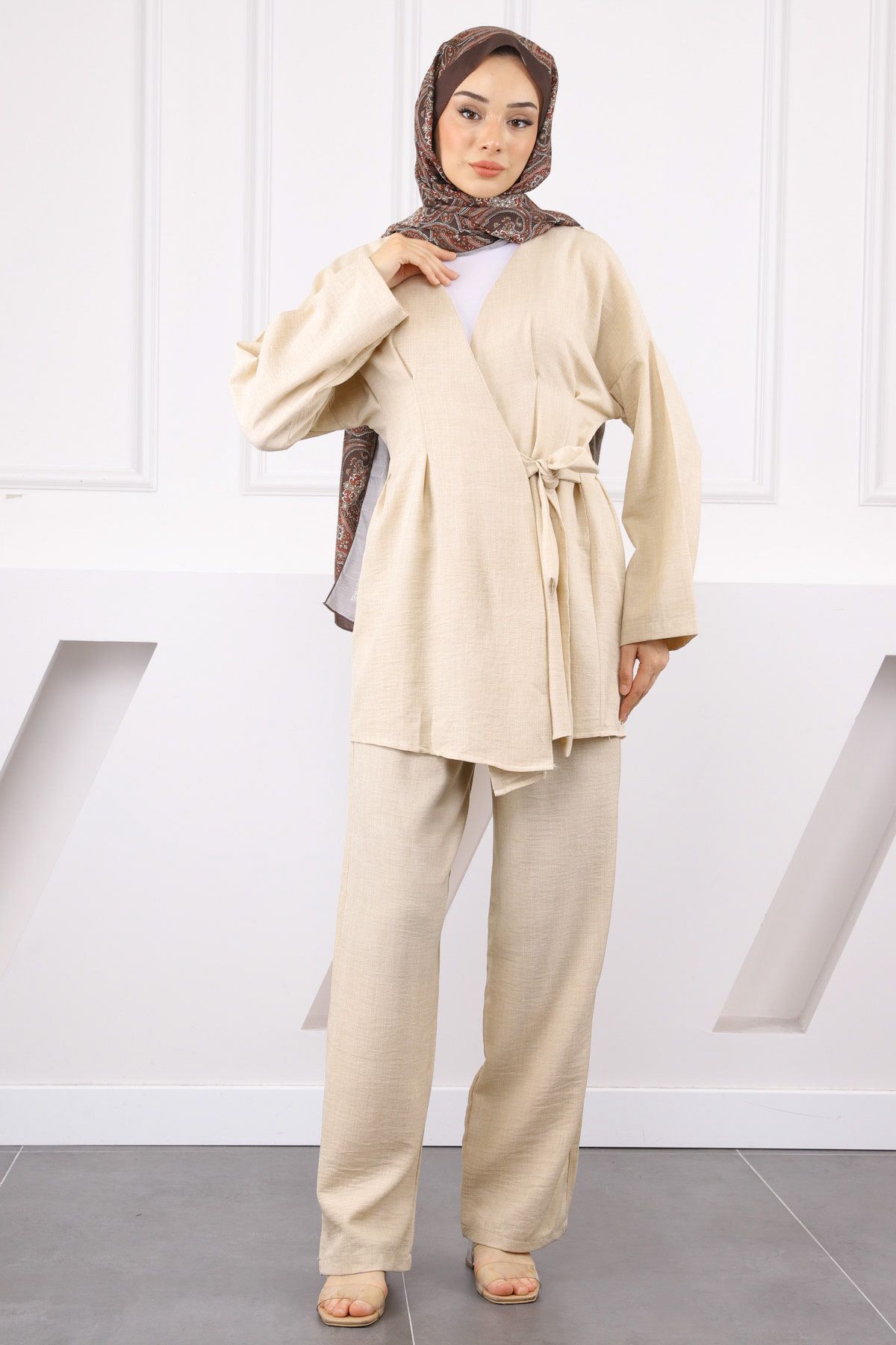 İmajButik Bej Çapraz Bağlamalı Keten Kimono Pantolon Takım