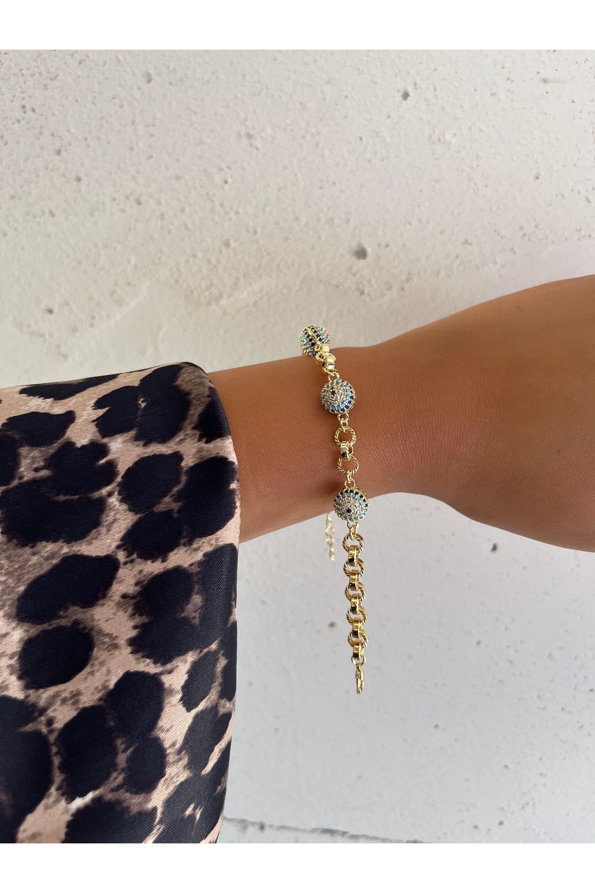 FASHİON JEWELRY Üç Nazar Boncuklu 14 K Altın Renkli Kadın Bileklik 17+4 Cm