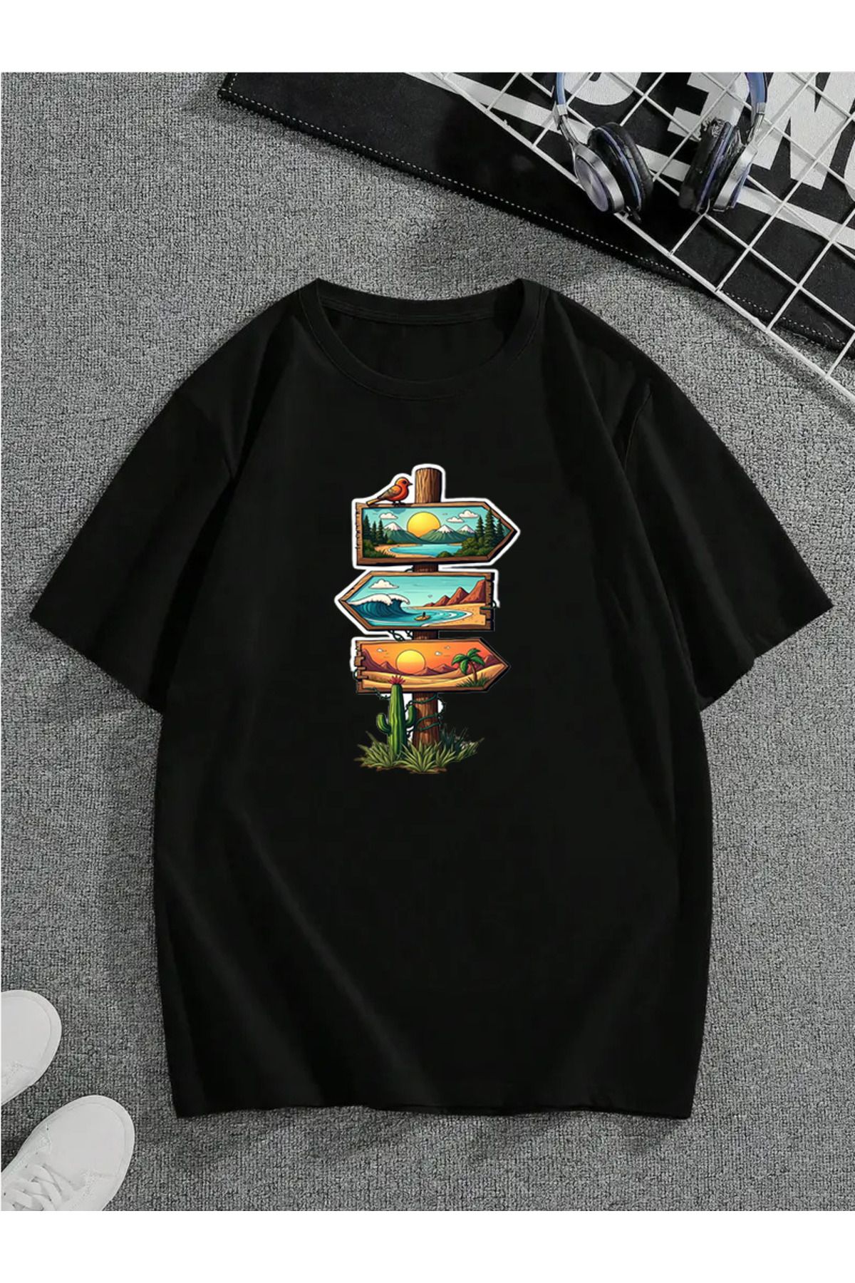 MODA Unisex Oversize Kalıp Yol Baskılı T-Shirt