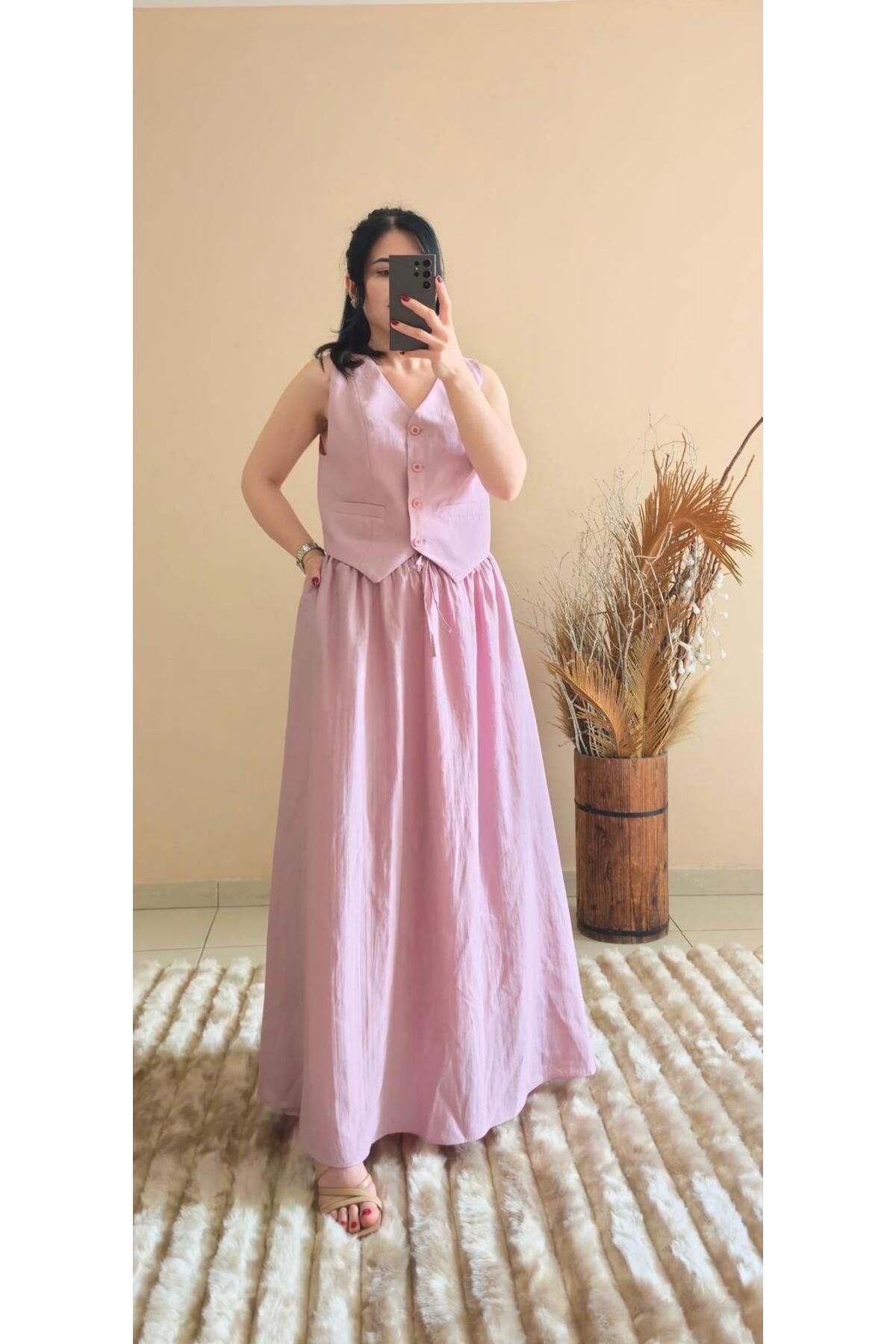 FEMİNEER.com PEMBE YELEK ETEK TAKIM