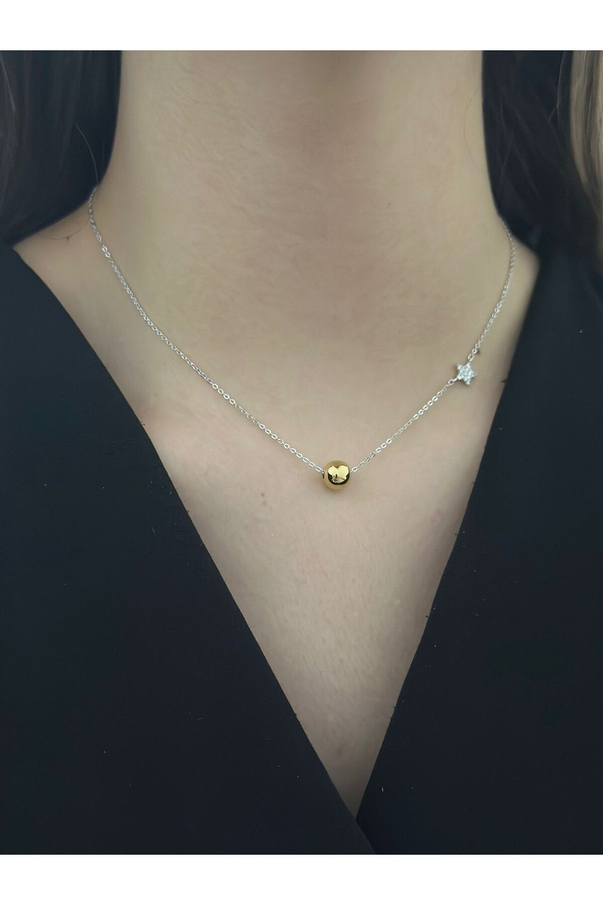 MyladyAccessoriess Çift Renk Topçuk Ve Yıldız Detay Çelik Kolye