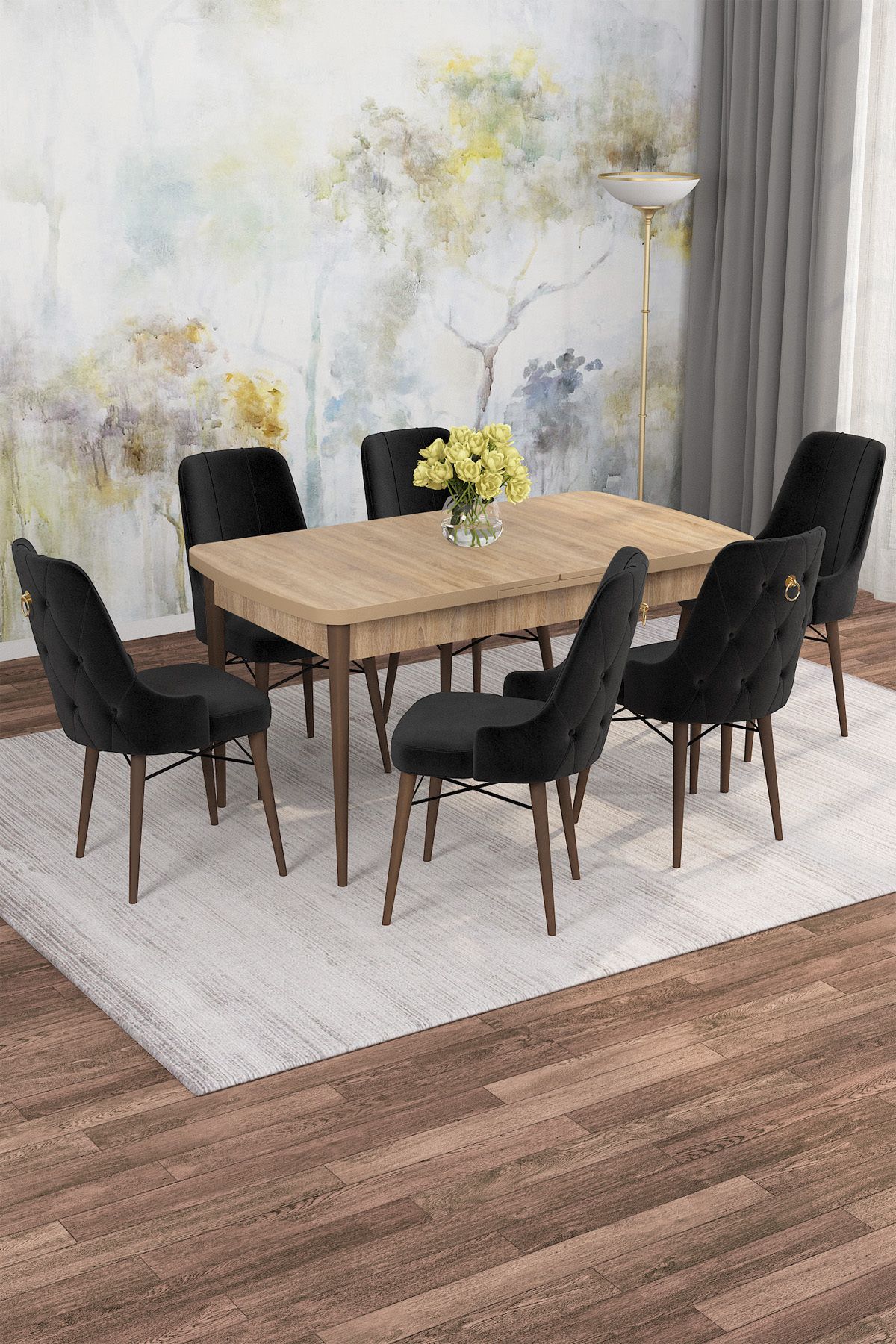 asaella mobilya Meyu Serisi 80x132 Açılabilir MDF Meşe Masa Takımı 6 Siyah Sandalye Kahve Ayak
