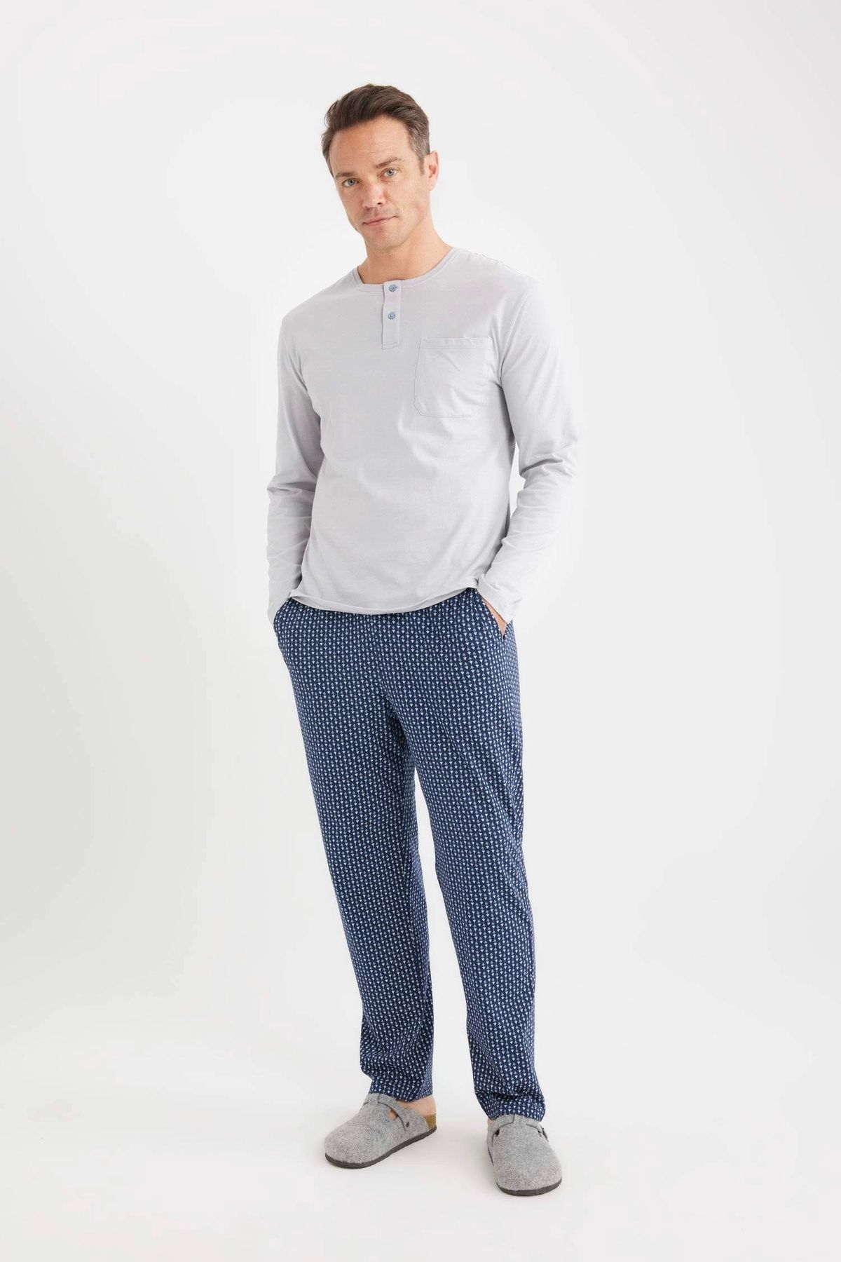 DeFacto D8227 Gri Regular Fit Kareli Cepli Pijama Altı