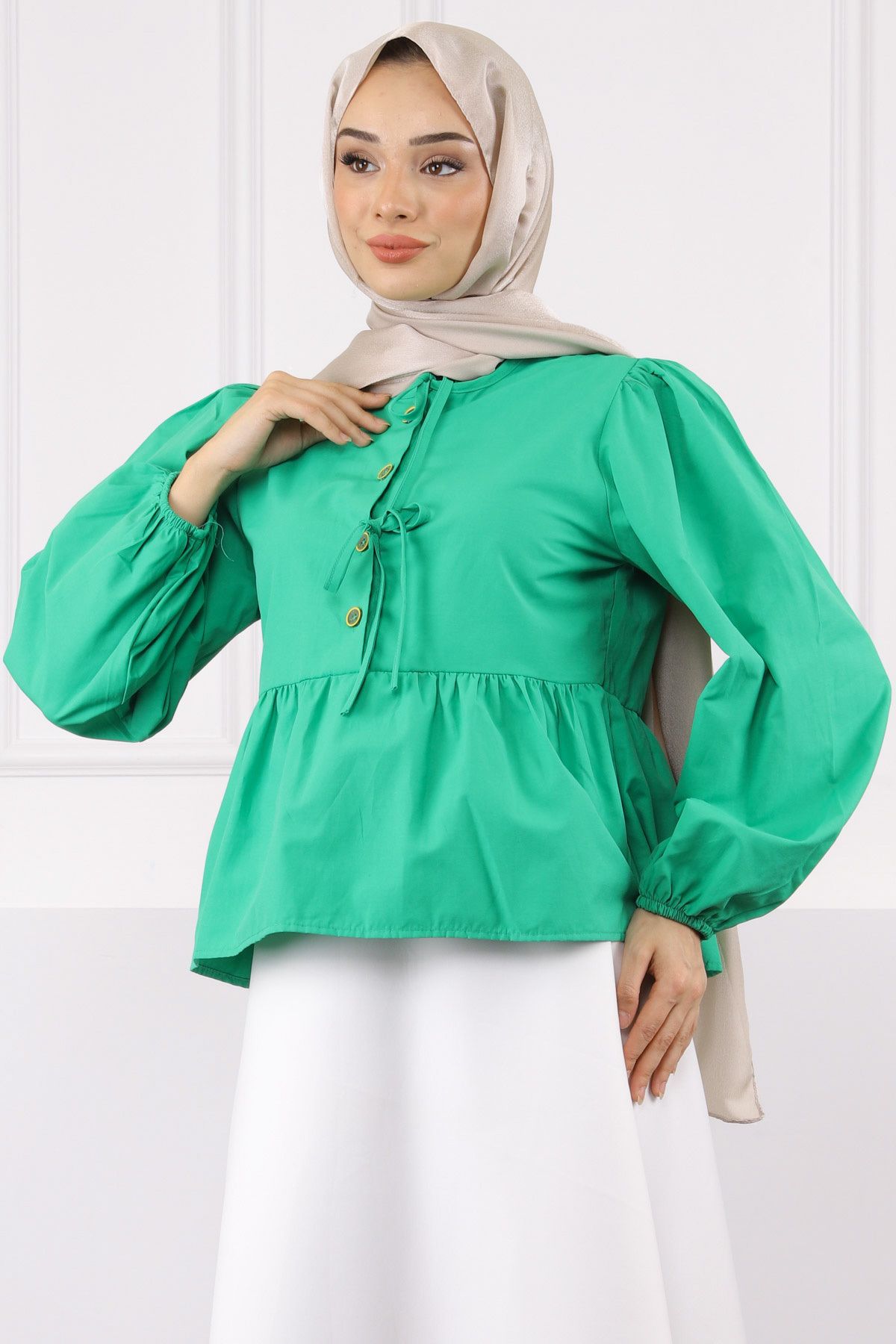 İmajButik Yeşil Kol Lastikli Poplin Gömlek