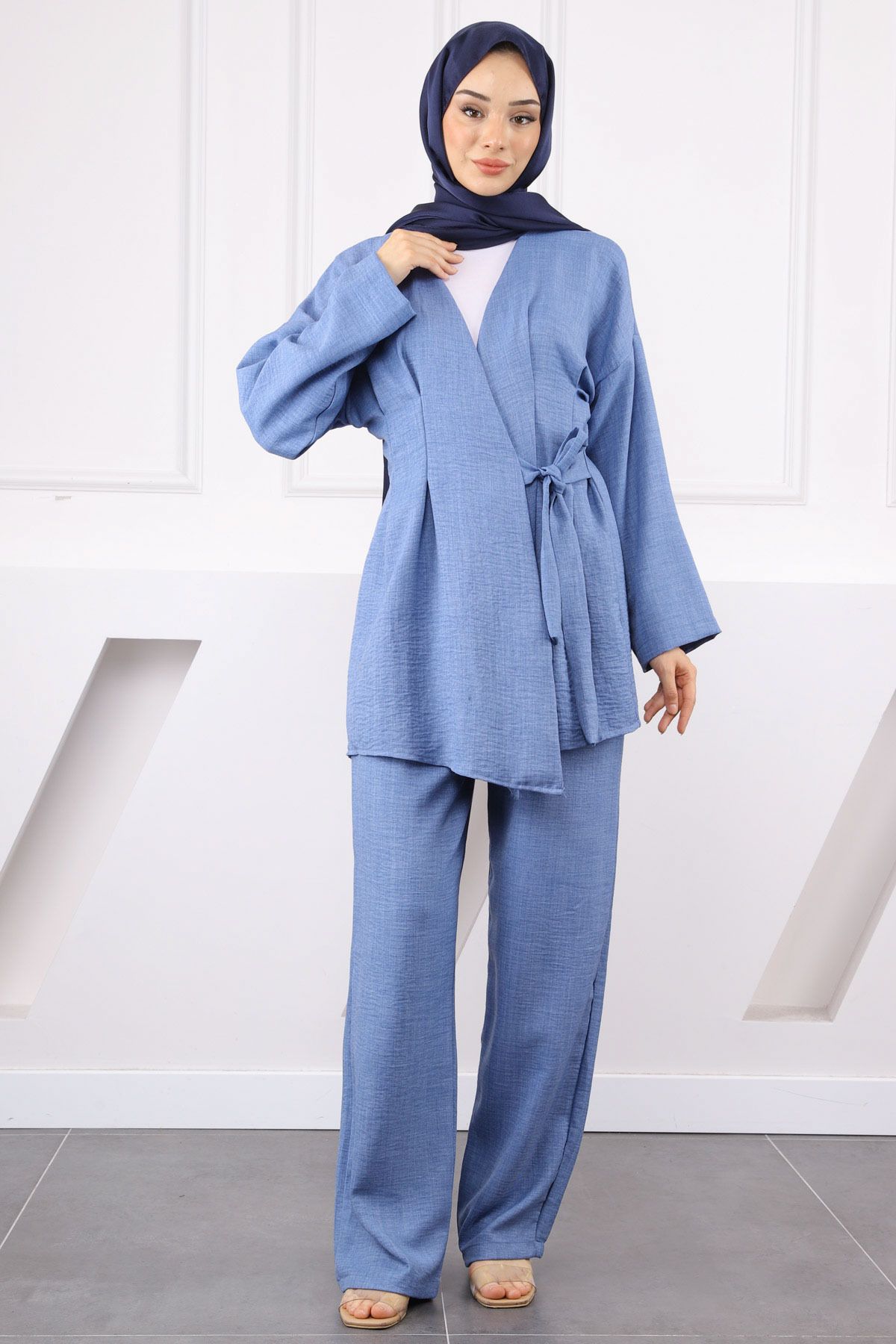 İmajButik İndigo Çapraz Bağlamalı Keten Kimono Pantolon Takım