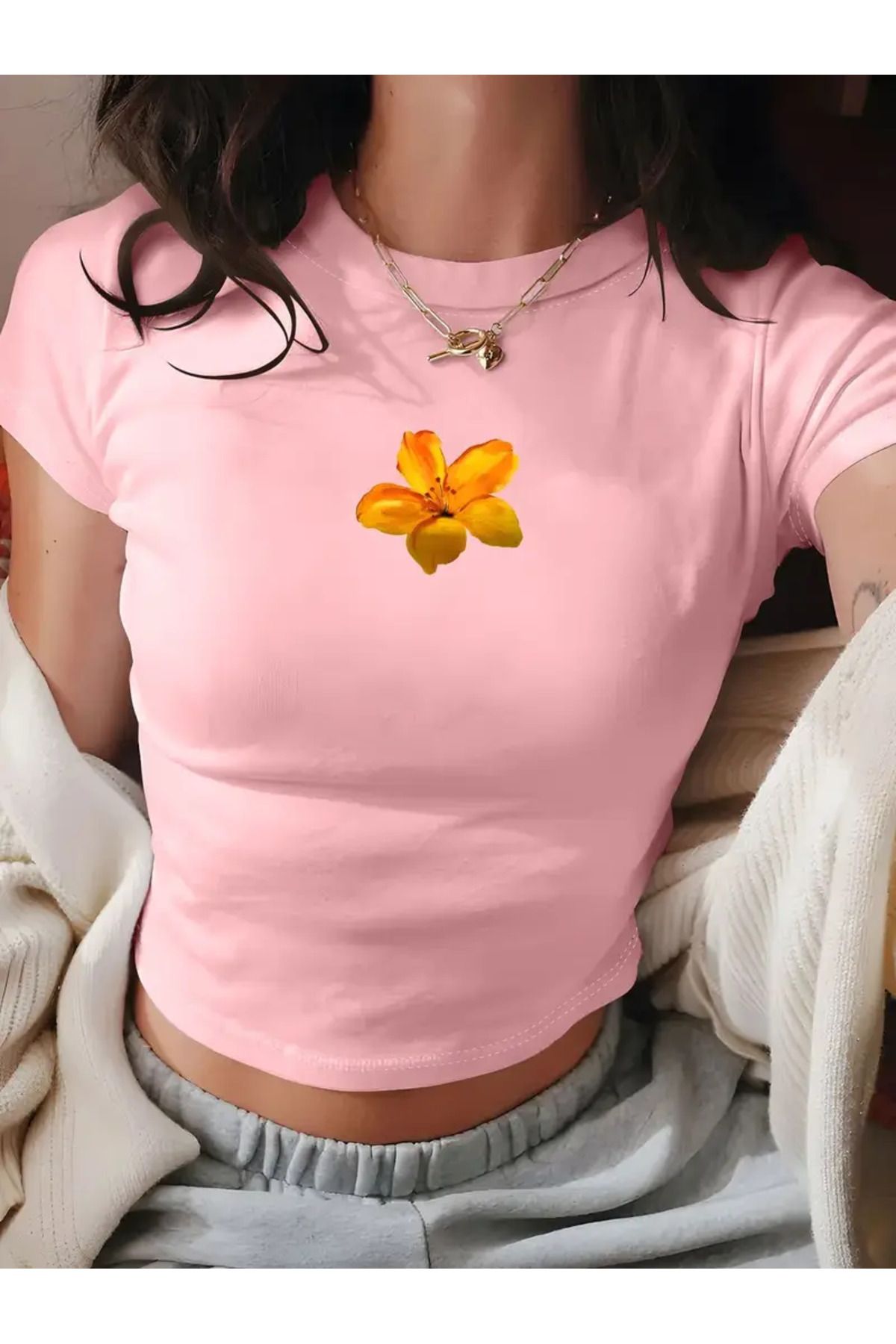 JANSO GROUP -KADIN CROP TSHIRT GÜL BASKILI PAMUKLU