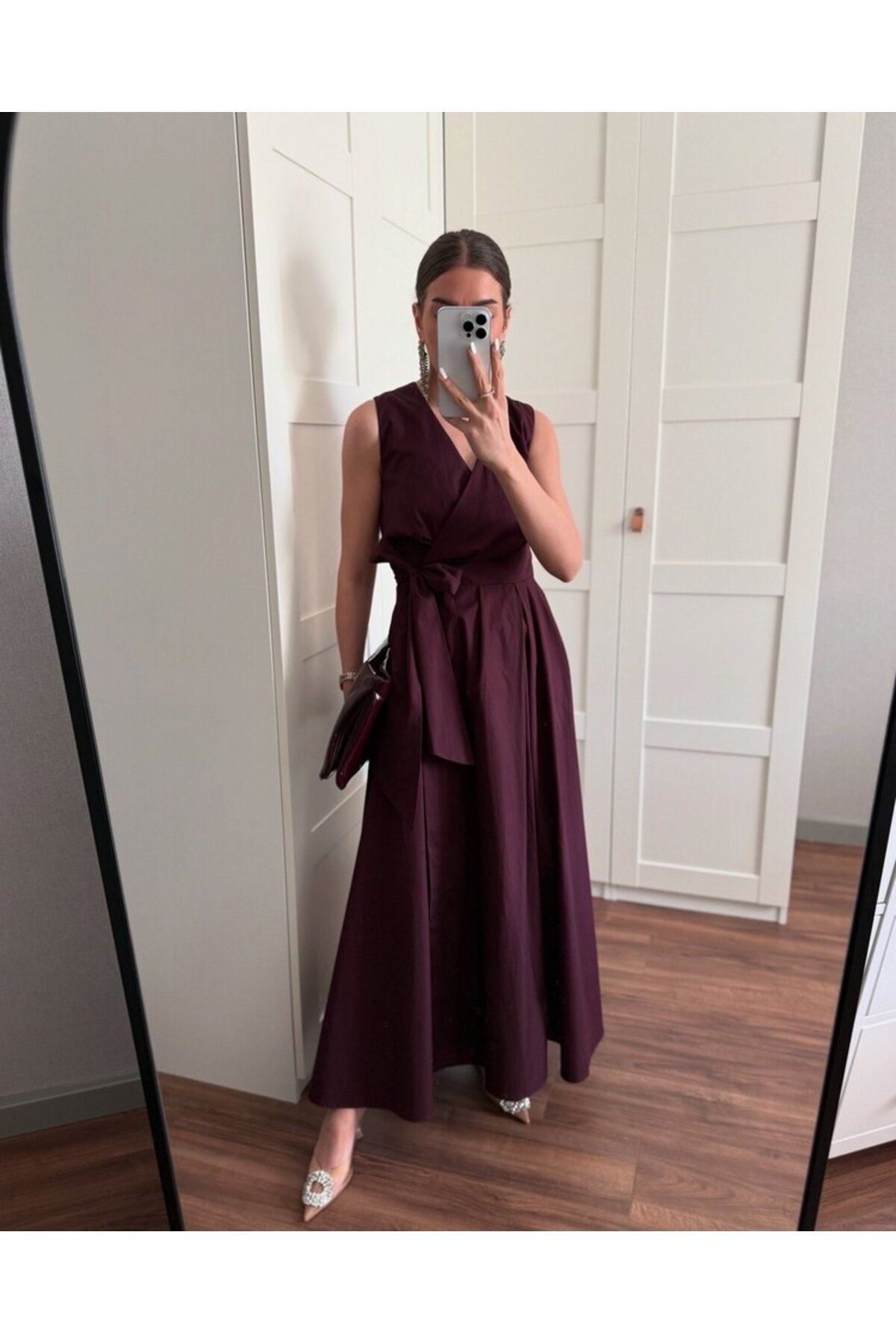 Hotfashion BELİ BAĞLAMALI KRUVAZE SIFIR KOLLU ELBİSE