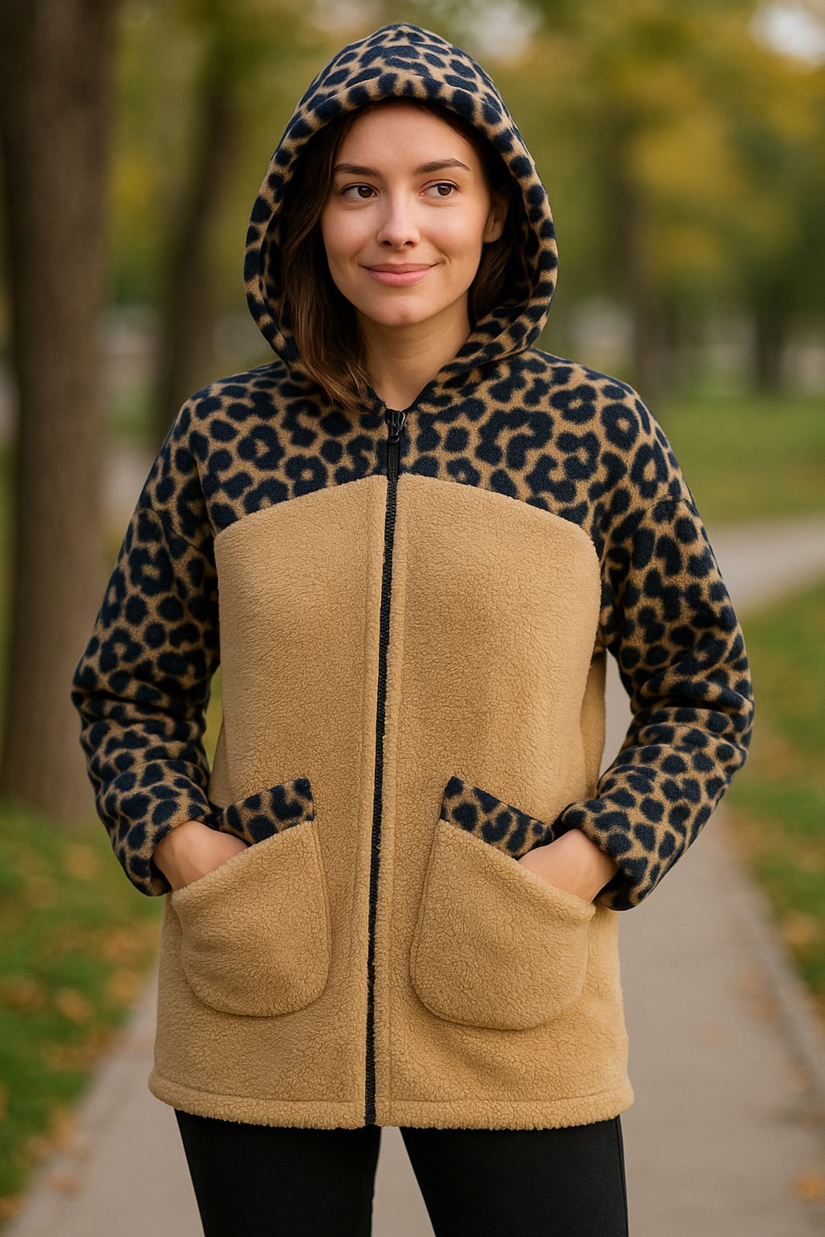 DHDmoda Leopar Desenli Kapüşonlu Peluş Polar Kumaşlı Fermuarlı Ceket
