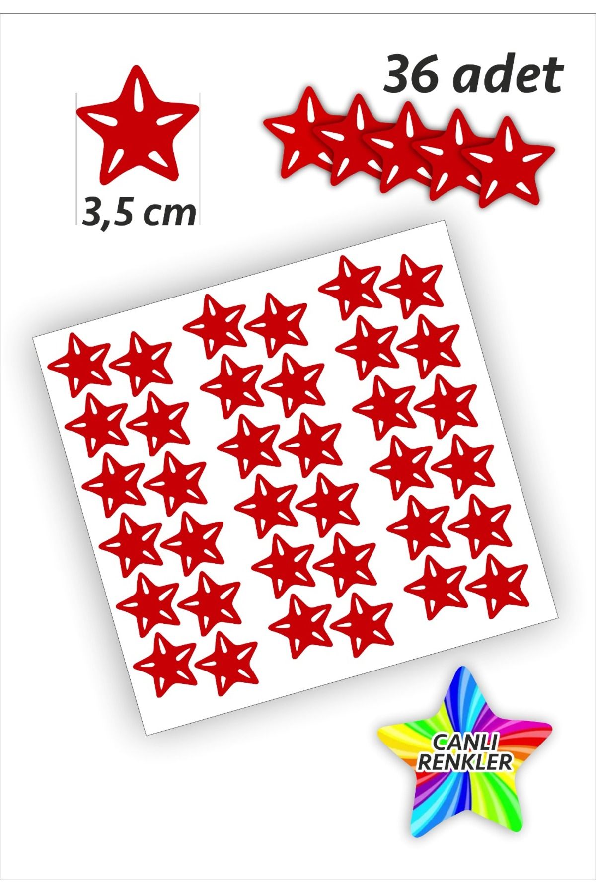İstisna 36 Adet Yıldız Etiket Kırmızı Renk 35 Mm Yıldız Temalı Sticker Seti