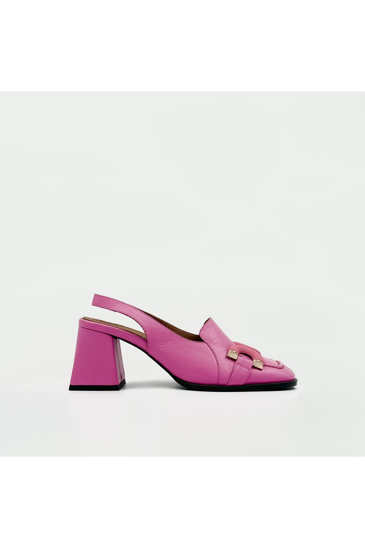 Folle Pembe Hakiki Deri Zincir Tokalı Slingback Topuklu Ayakkabı