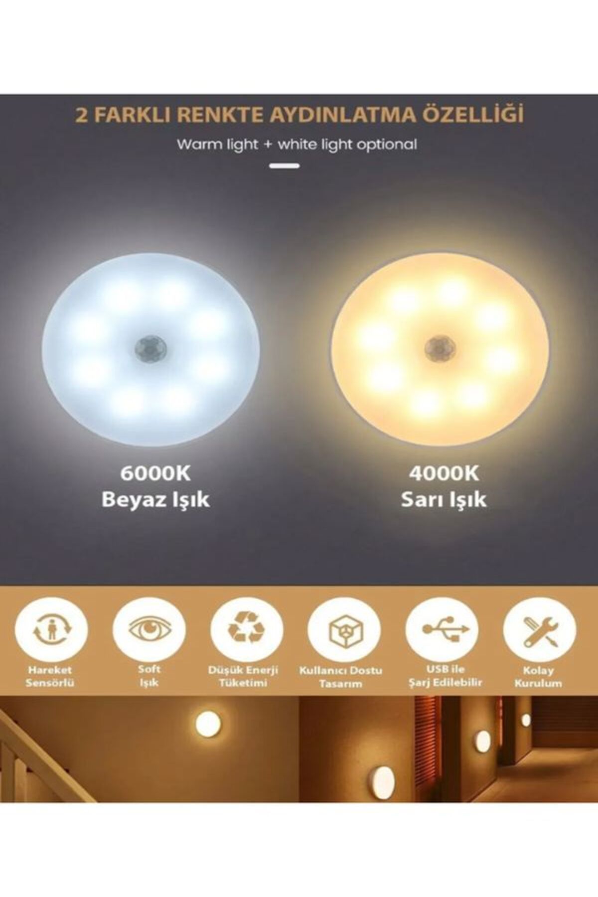 Juston Hareket Sensörlü Usb Şarjlı Beyaz Led Işık Lambaxprojtn (SENSÖRLÜ)