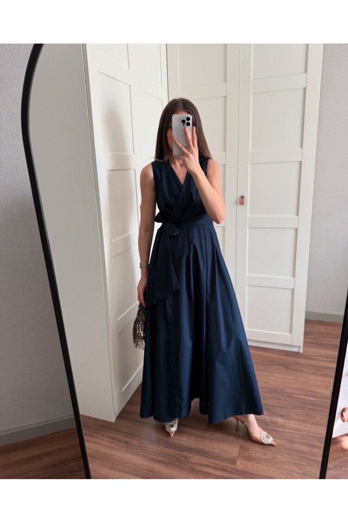 Hotfashion BELİ BAĞLAMALI KRUVAZE SIFIR KOLLU ELBİSE