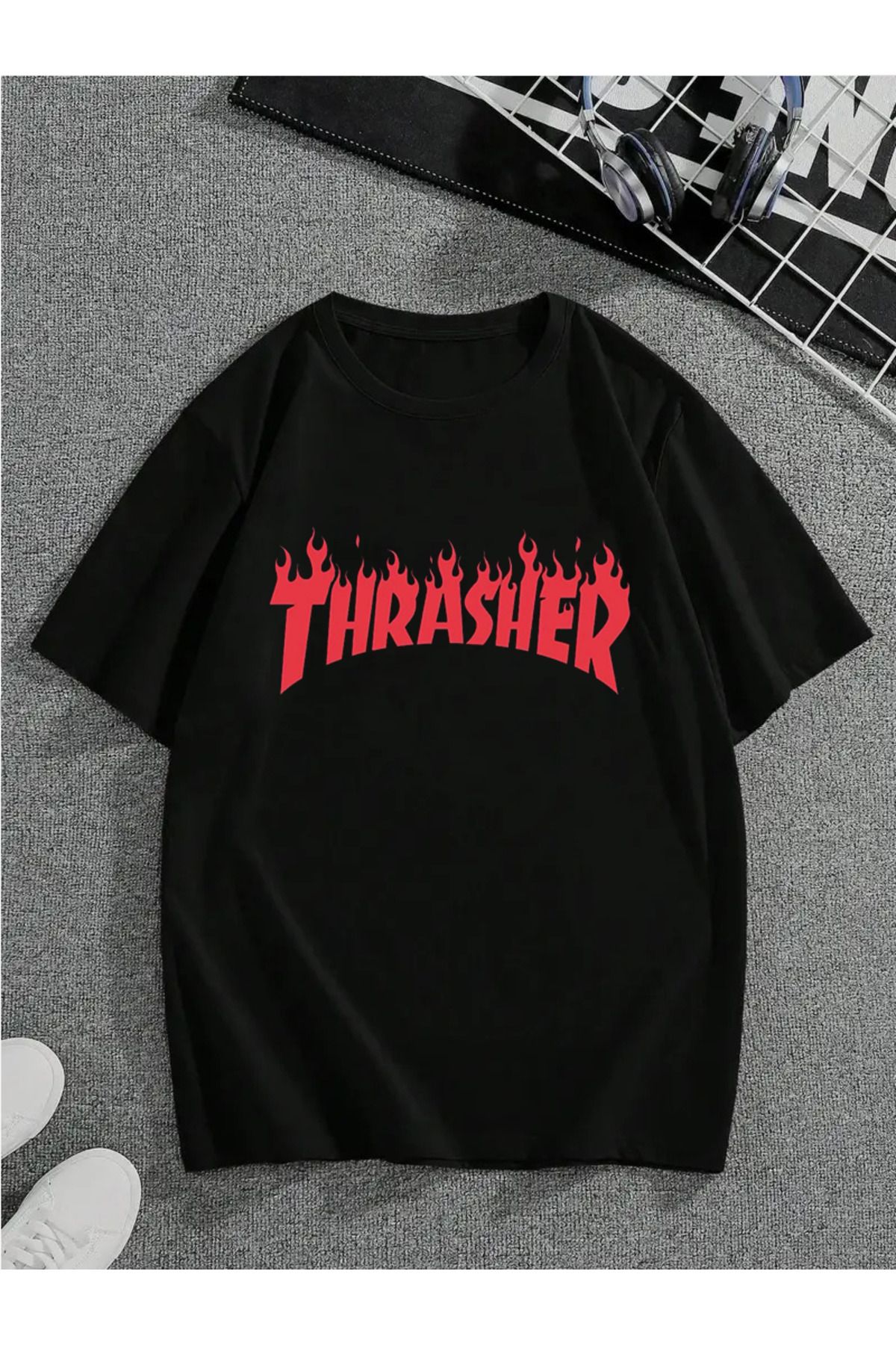 MODA Unisex Oversize Kalıp Trasher Baskılı T-Shirt