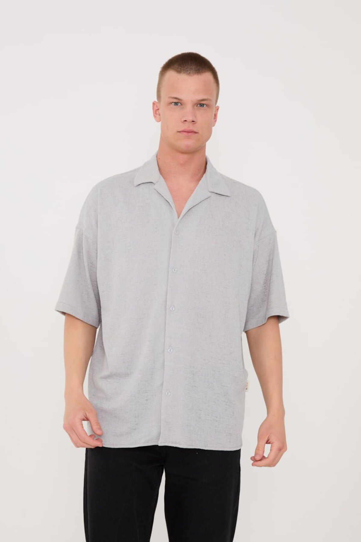 fame-stoned Düz Baskısız %100 Oversize Gri Gömlek