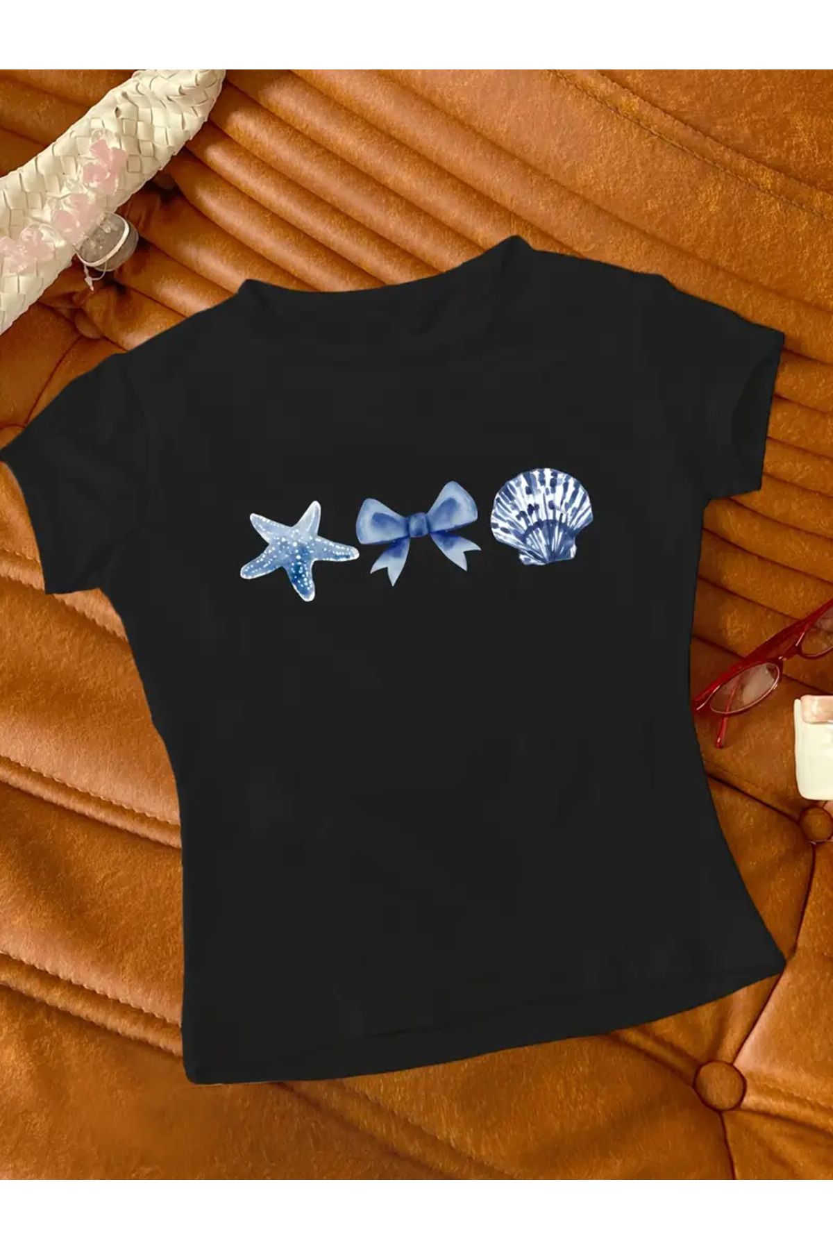 JANSO GROUP -KADIN CROP TSHIRT DENİZ BASKILI PAMUKLU