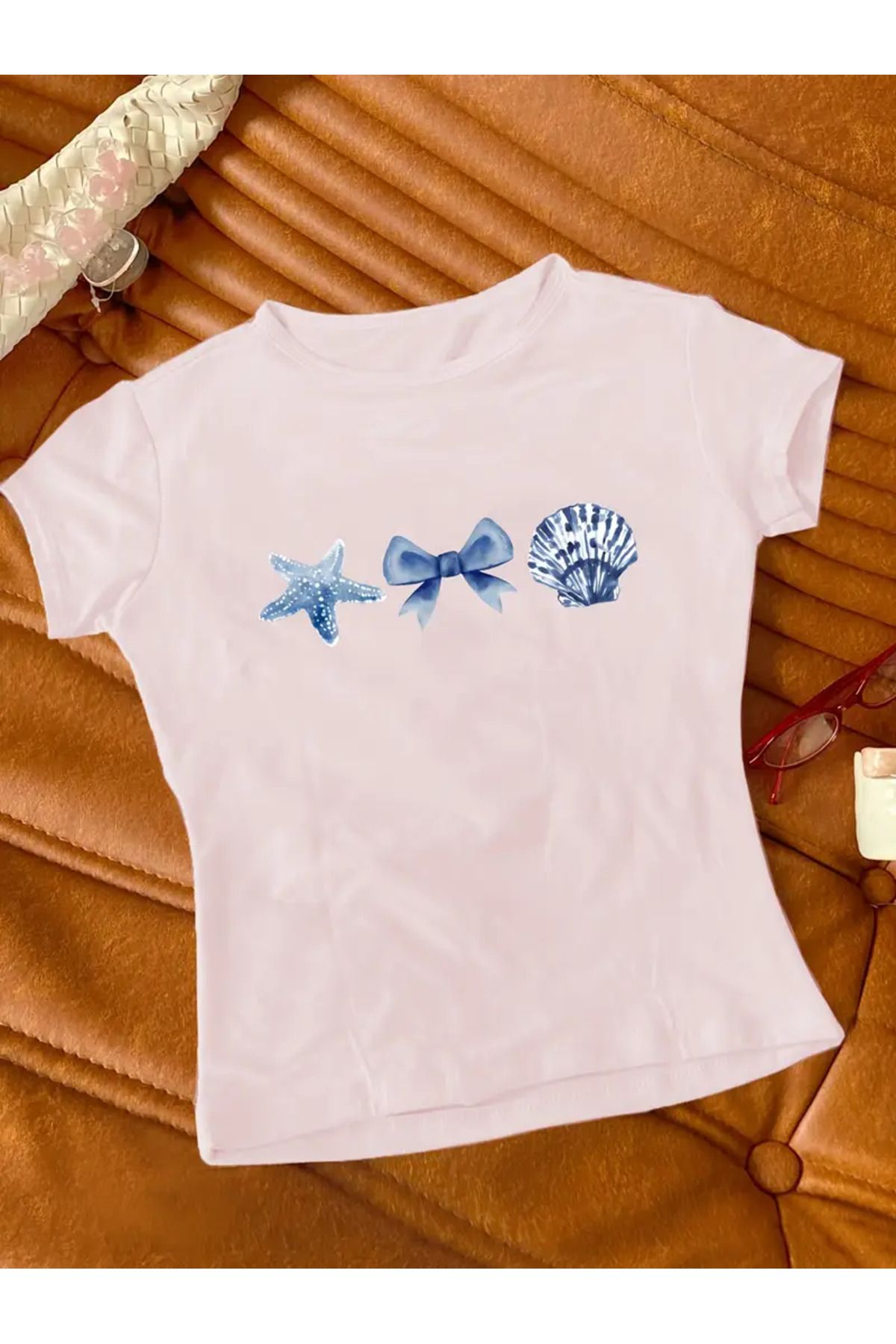 JANSO GROUP -KADIN CROP TSHIRT DENİZ BASKILI PAMUKLU