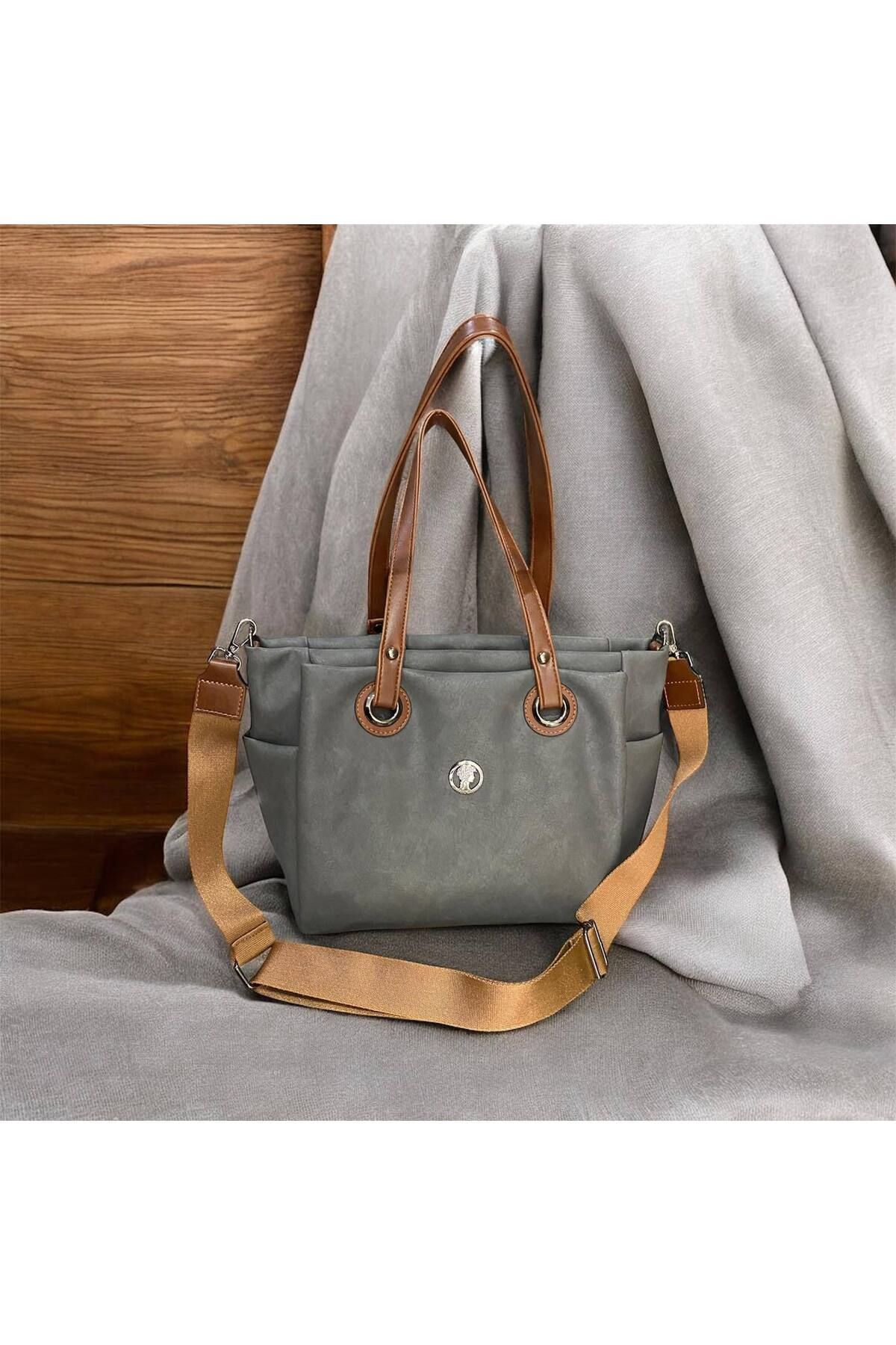 rinkadoll Gri Salaş Çanta Tasarımda Üç Bölmeli Ferahlık Orta Boy 37*27 cm