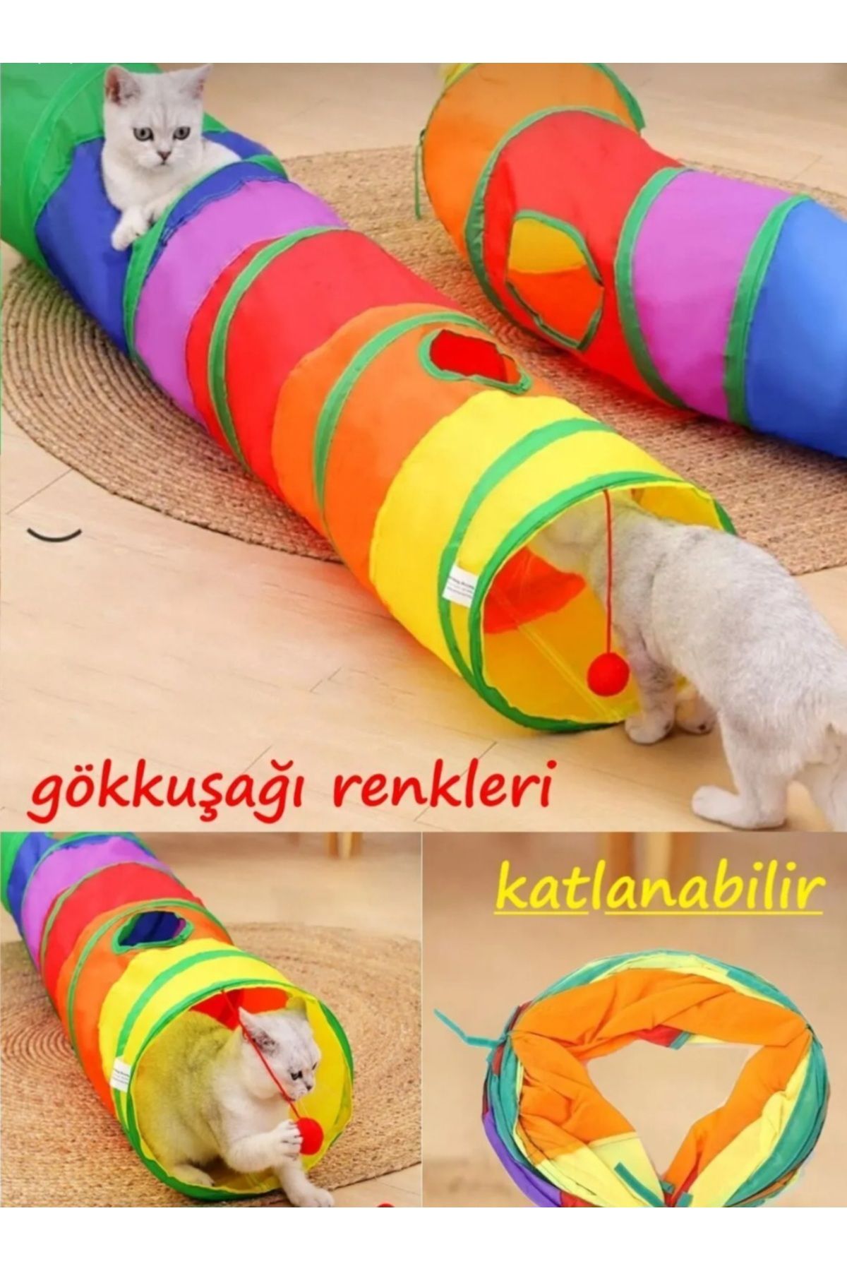 EGE ÖRGÜM Düz Kedi Tüneli 120 cm Gökkuşağı Kedi Köpek Oyun Tüneli Evcil Hayvan Oyun Tüneli