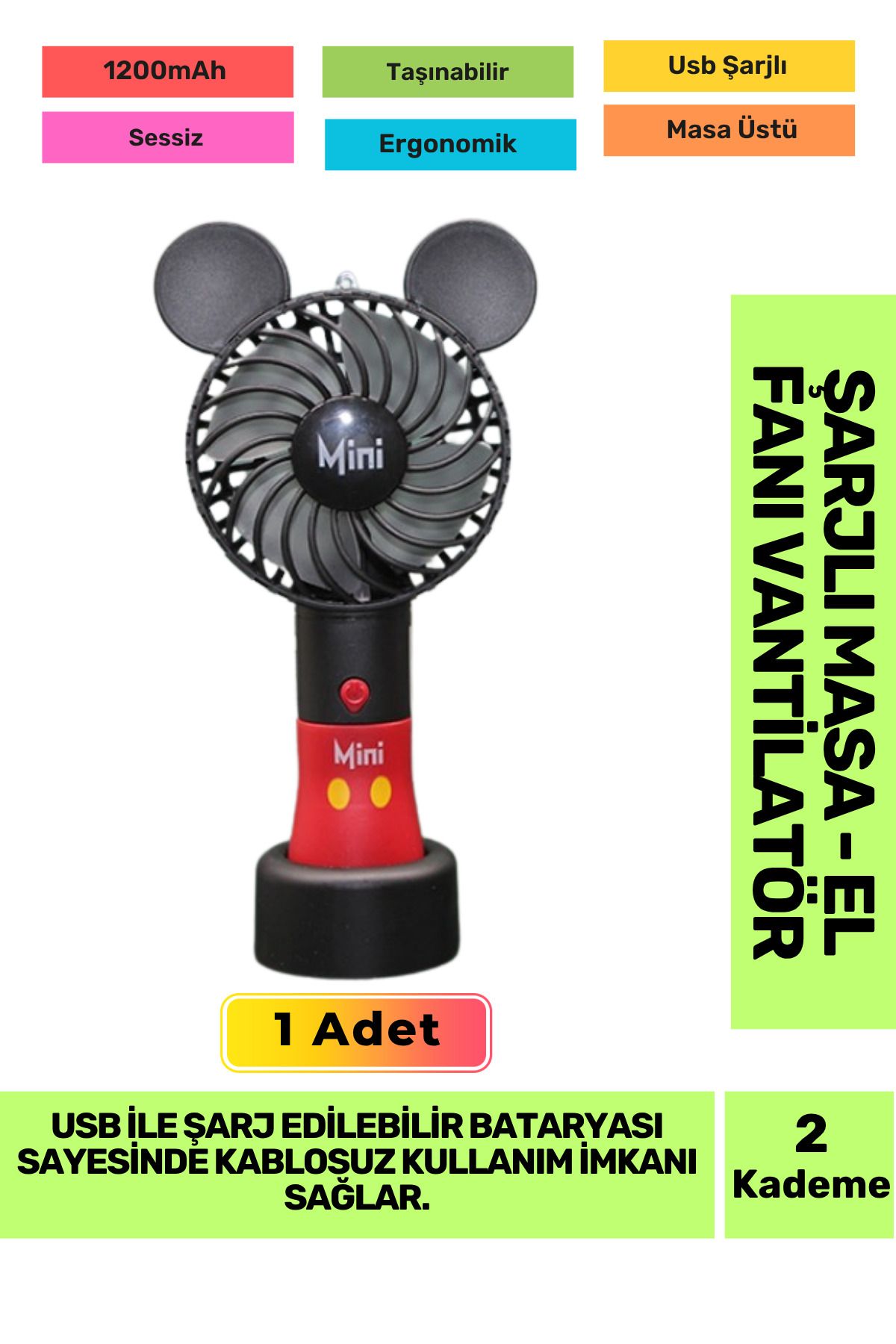 Fantazer Ultra Sessiz 2 Kademeli Hafif Kablosuz 1200mAh Pervane Taşınabilir Usb Şarjlı Masa El Fan Vantilatör