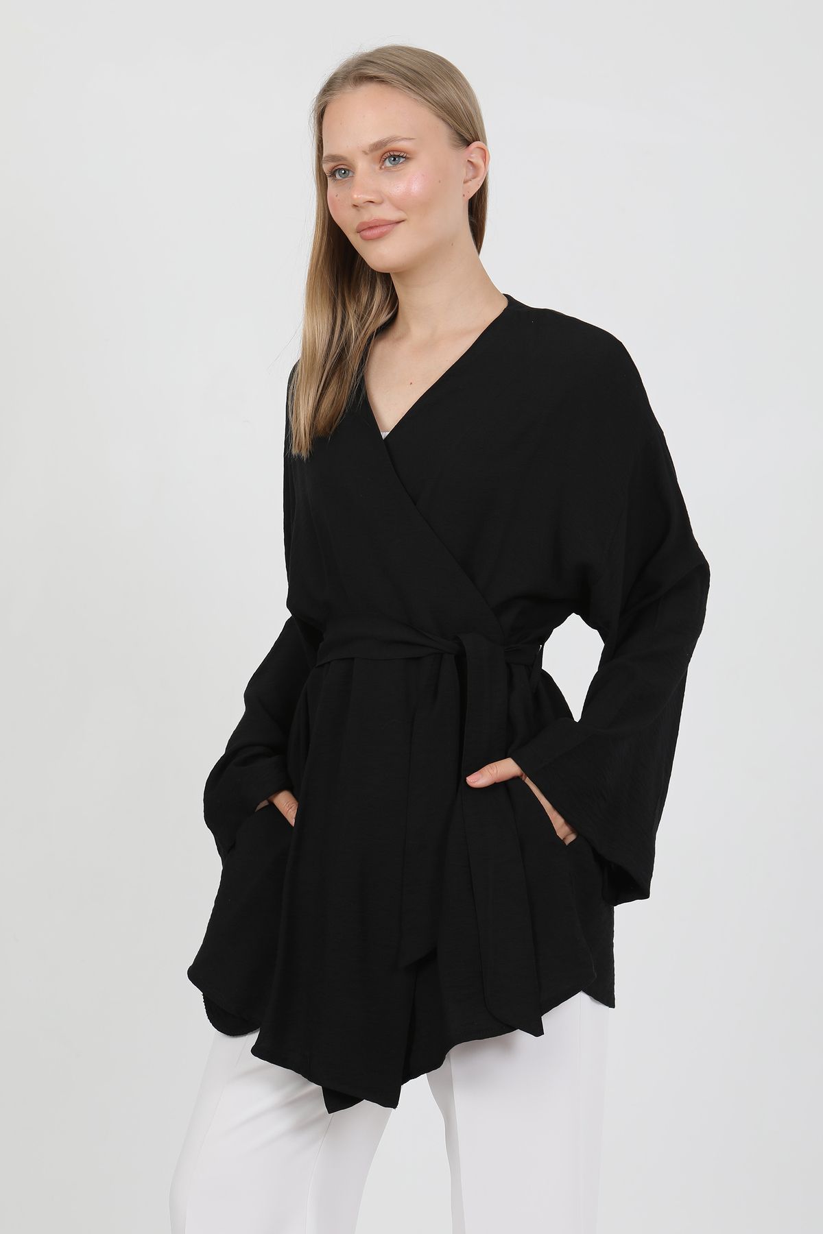 PASTELASTORE Doğal Viskon Kumaş Cepli Kemerli Kadın Kimono 1168 – Yakasız, Hafif, Dökümlü, Yazlık Model