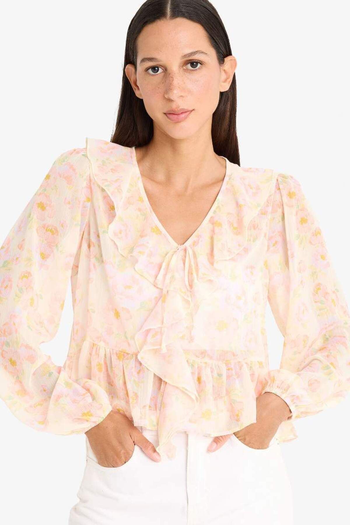 DeFacto Yeni Sezon Regular Fit Floral Şifon Uzun Kollu Bluz