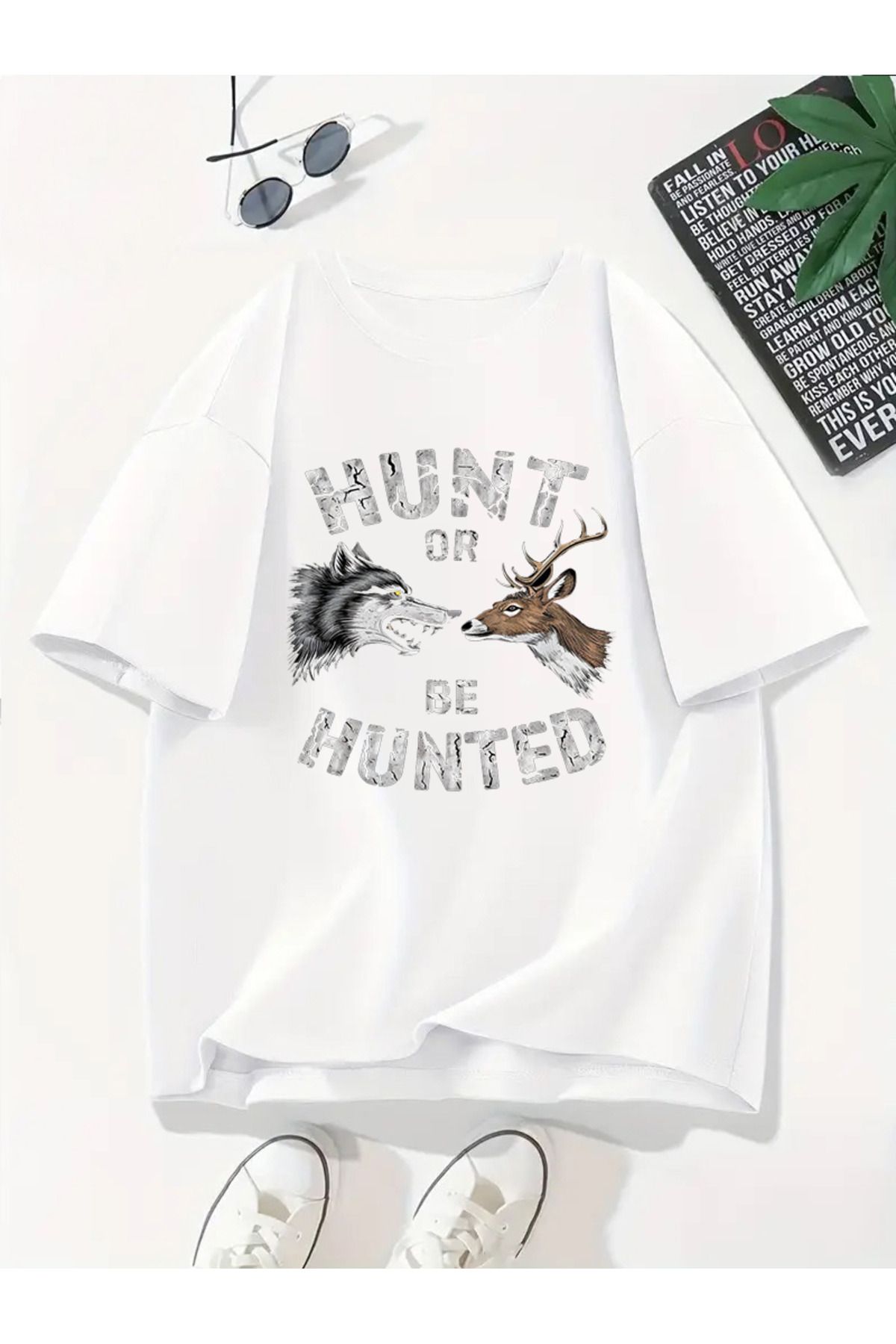 MODA Unisex Oversize Kalıp Hunt or Huntor Baskılı T-Shirt